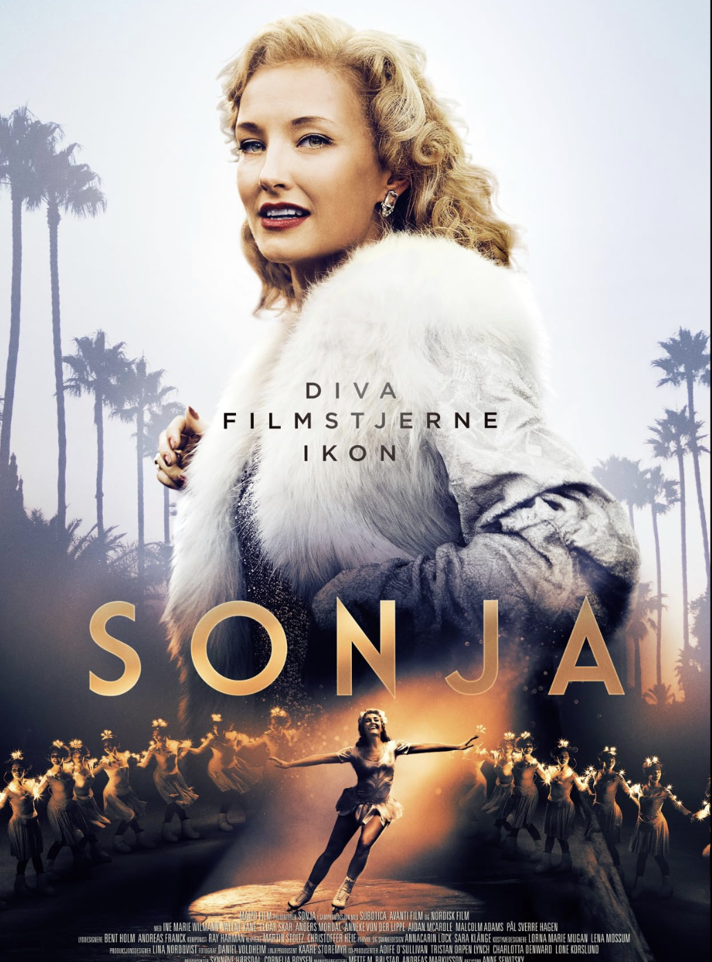 Movie poster for 'Sonja' featuring a woman with blonde curly hair wearing a white fur coat, with palm trees in the background and a group of dancers performing on stage below.