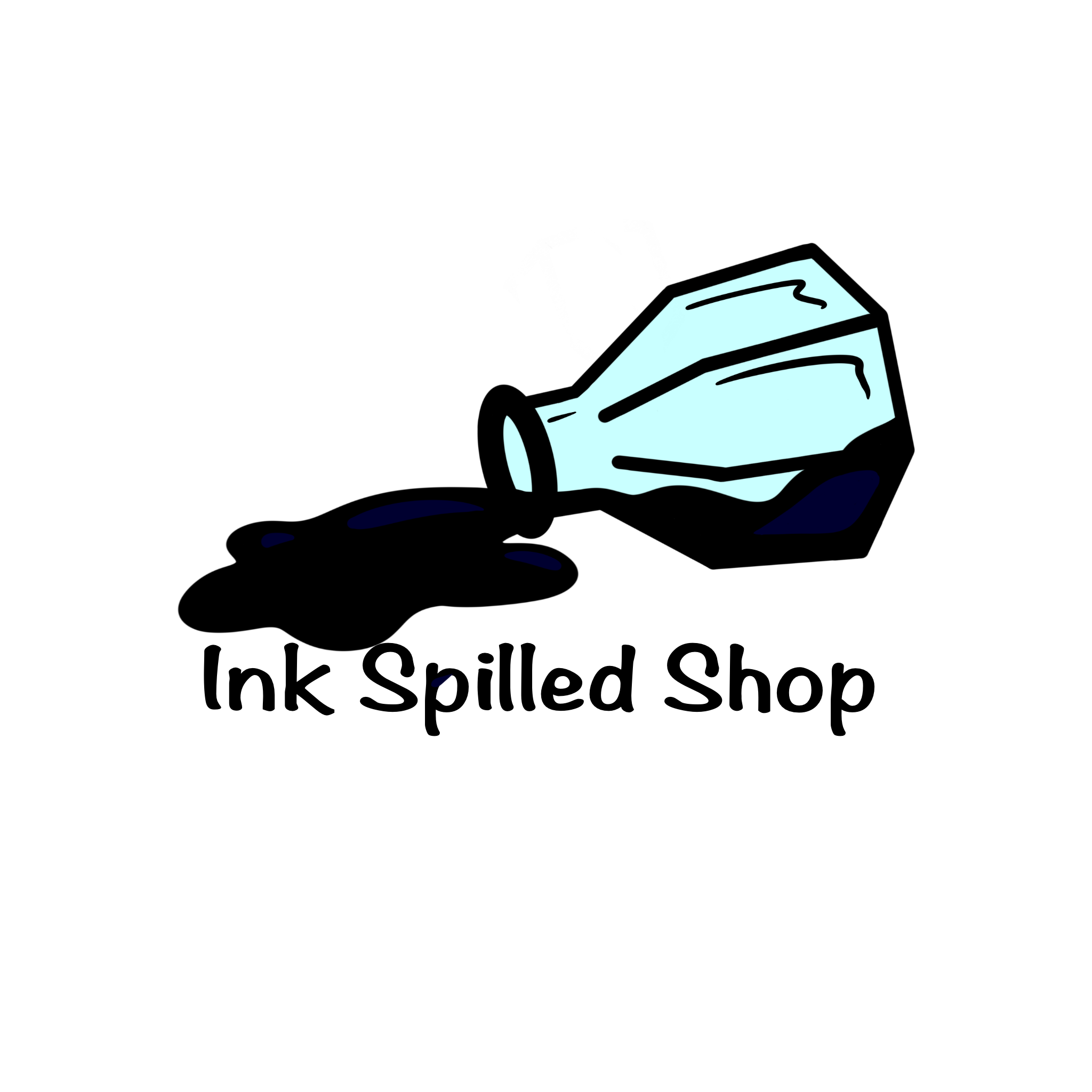 A spilled ink bottle with black ink spilling out, with the text 'Ink Spilled Shop' below.