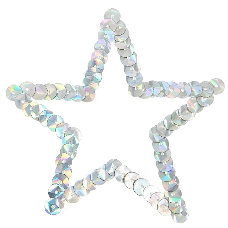 Outline of a star made from iridescent sequins on a white background.