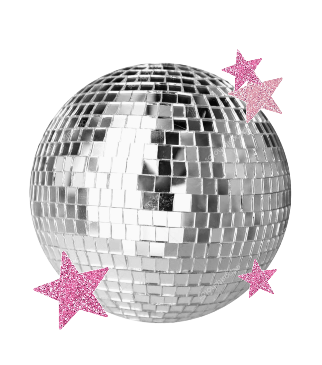 A disco ball with reflective tiles and pink glittery stars around it.