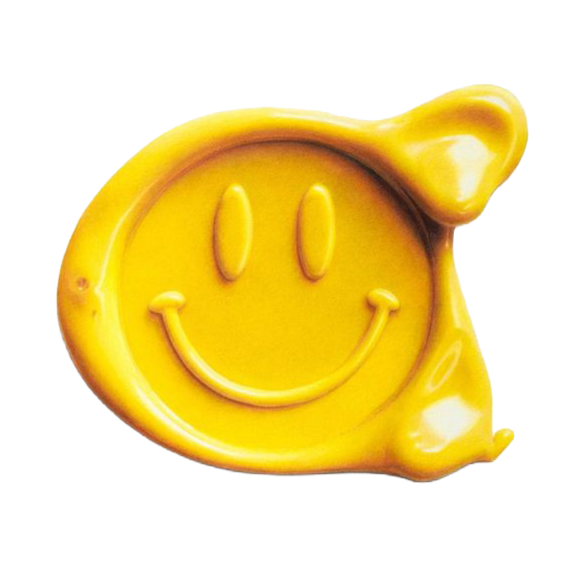 Yellow smiley face shaped cookie with a smiling expression and an attached handle.