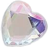 A clear, faceted heart-shaped crystal with a hint of purple on the right side