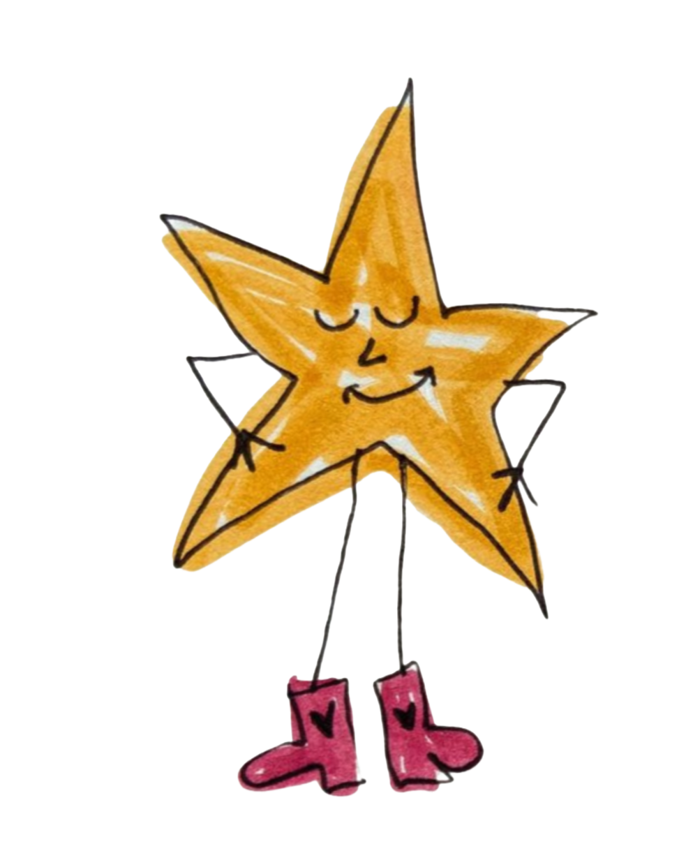 A cute, cartoon-style starfish with a smiling face, closed eyes, and pink boots with heart designs, standing with hands on hips.