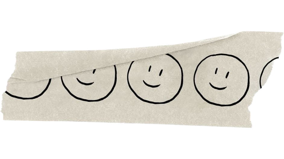 A torn piece of paper with a row of five smiley faces drawn in black ink.