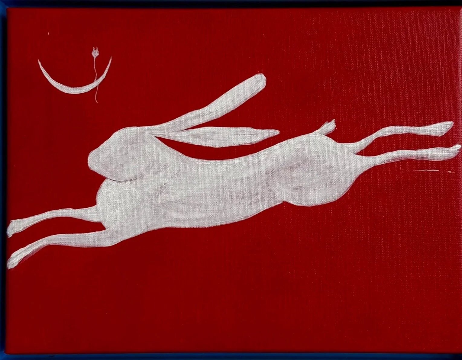 Jump — contemporary acrylic painting of a white leaping hare with crescent moon on deep red background, 30x40 cm, 2025, by Jevgenia Vassiljeva, Loovart