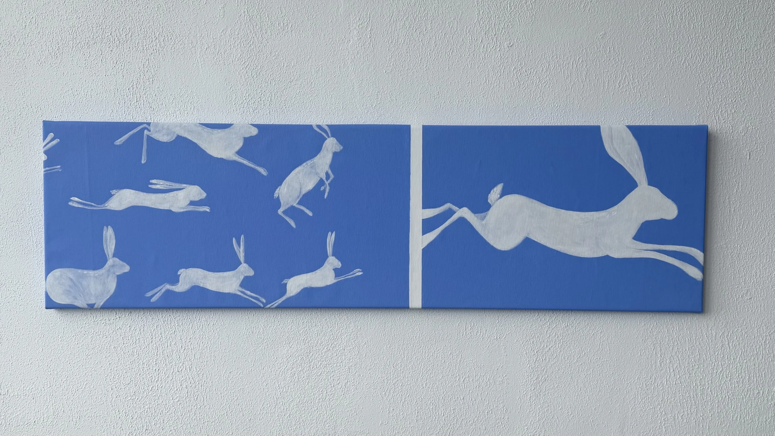 Point of Stillness — horizontal contemporary acrylic painting with animal symbolism, 125×35 cm, 2026, by Jevgenia Vassiljeva, Loovart