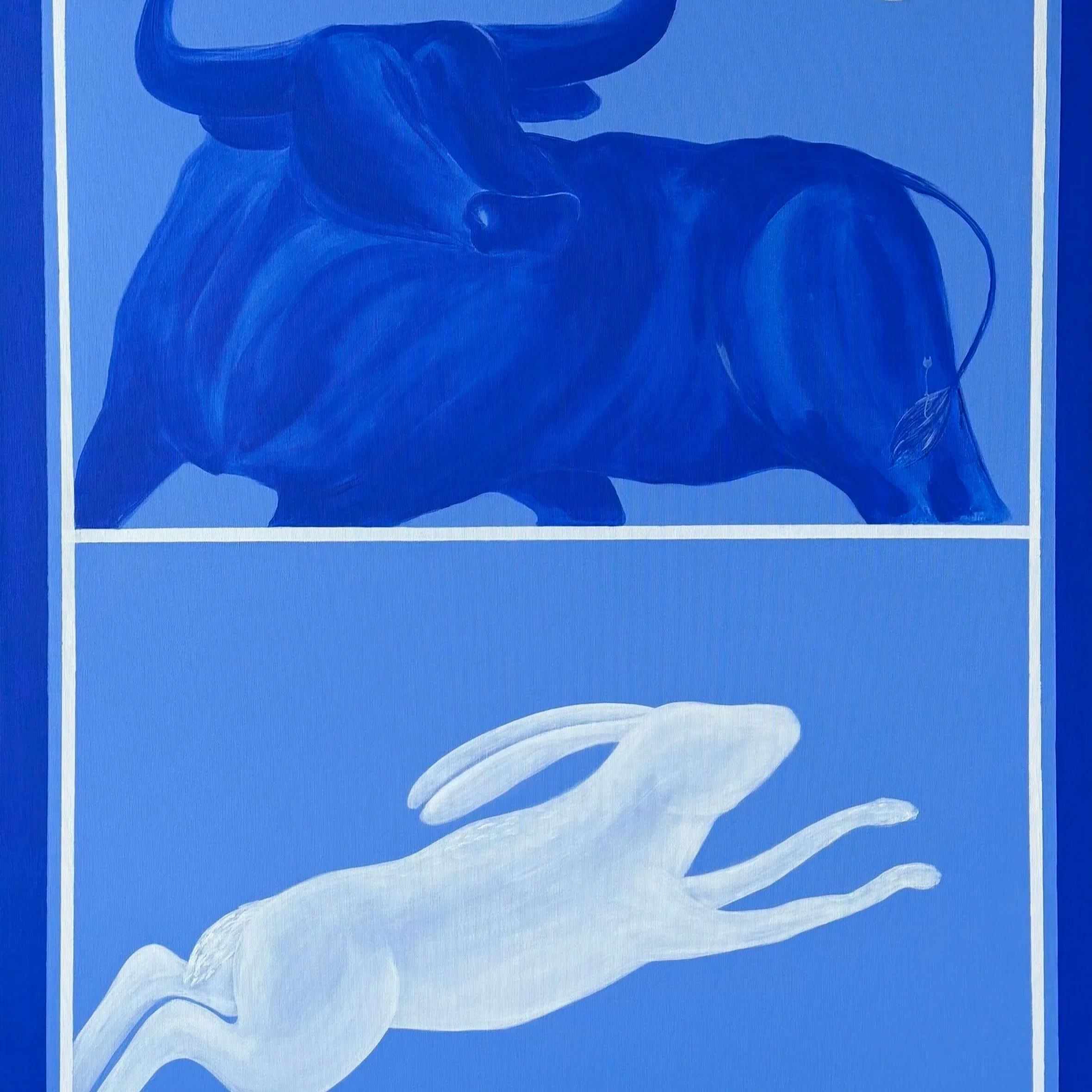 Unknown Strength — contemporary acrylic painting of a blue bull and white leaping hare, 120x90 cm, 2025, by Jevgenia Vassiljeva, Loovart