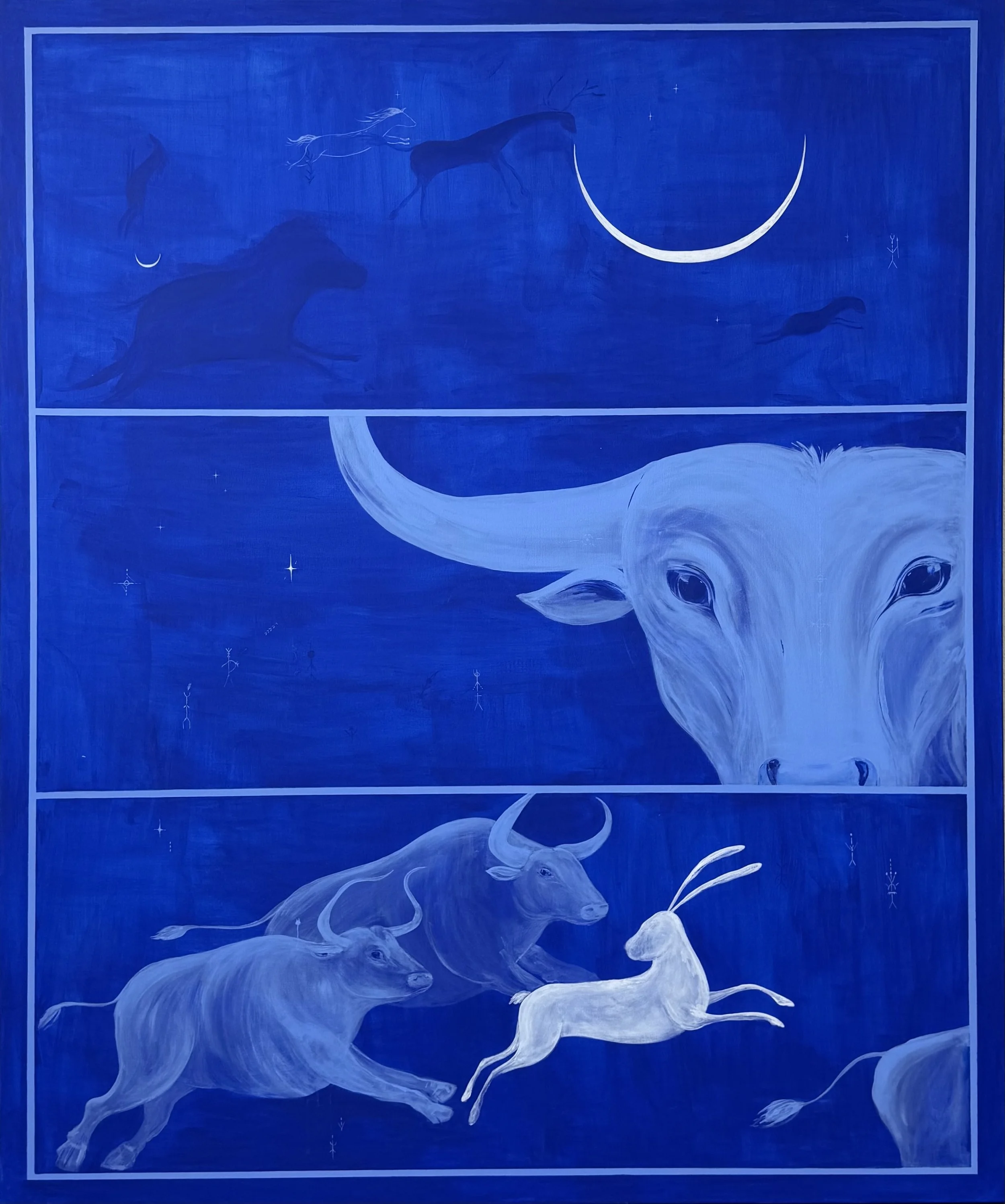 Keeper of Memory — original acrylic painting by Jevgenia Vassiljeva, 180×150 cm, large blue bull surrounded by white hare and distant herd under a crescent moon