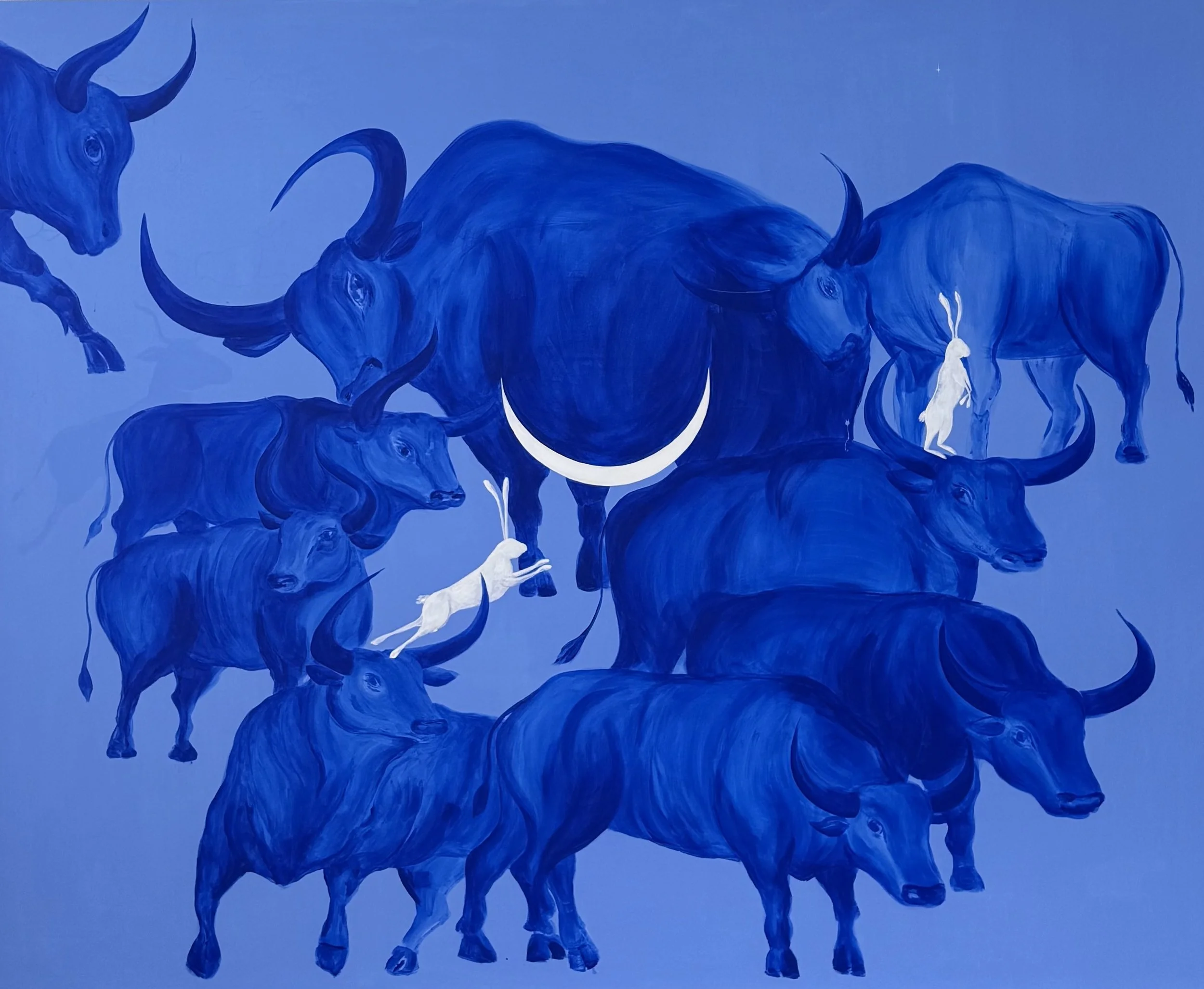 The Memory of the Herd — large contemporary acrylic painting of blue standing bulls in motion, 200×160 cm, 2026, by Jevgenia Vassiljeva, Loovart