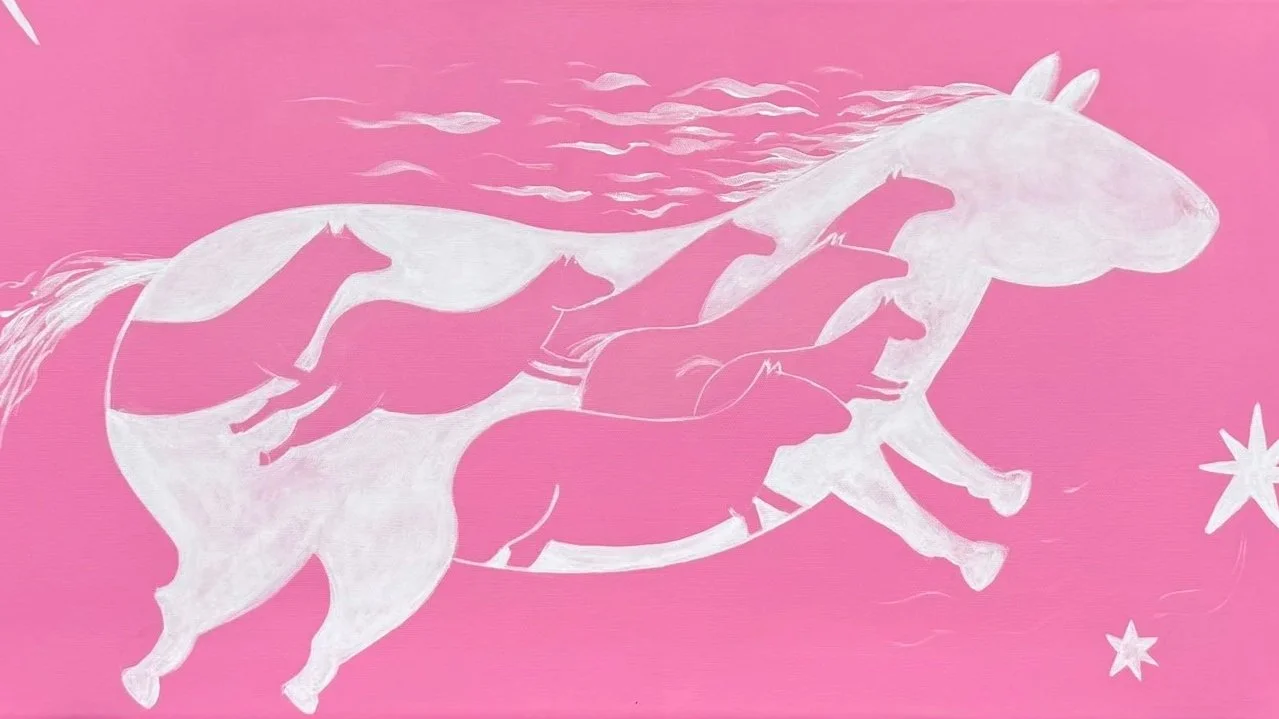 Into the Wind — contemporary acrylic painting of white galloping horses on vibrant pink background, 80x40 cm, 2025, by Jevgenia Vassiljeva, Loovart