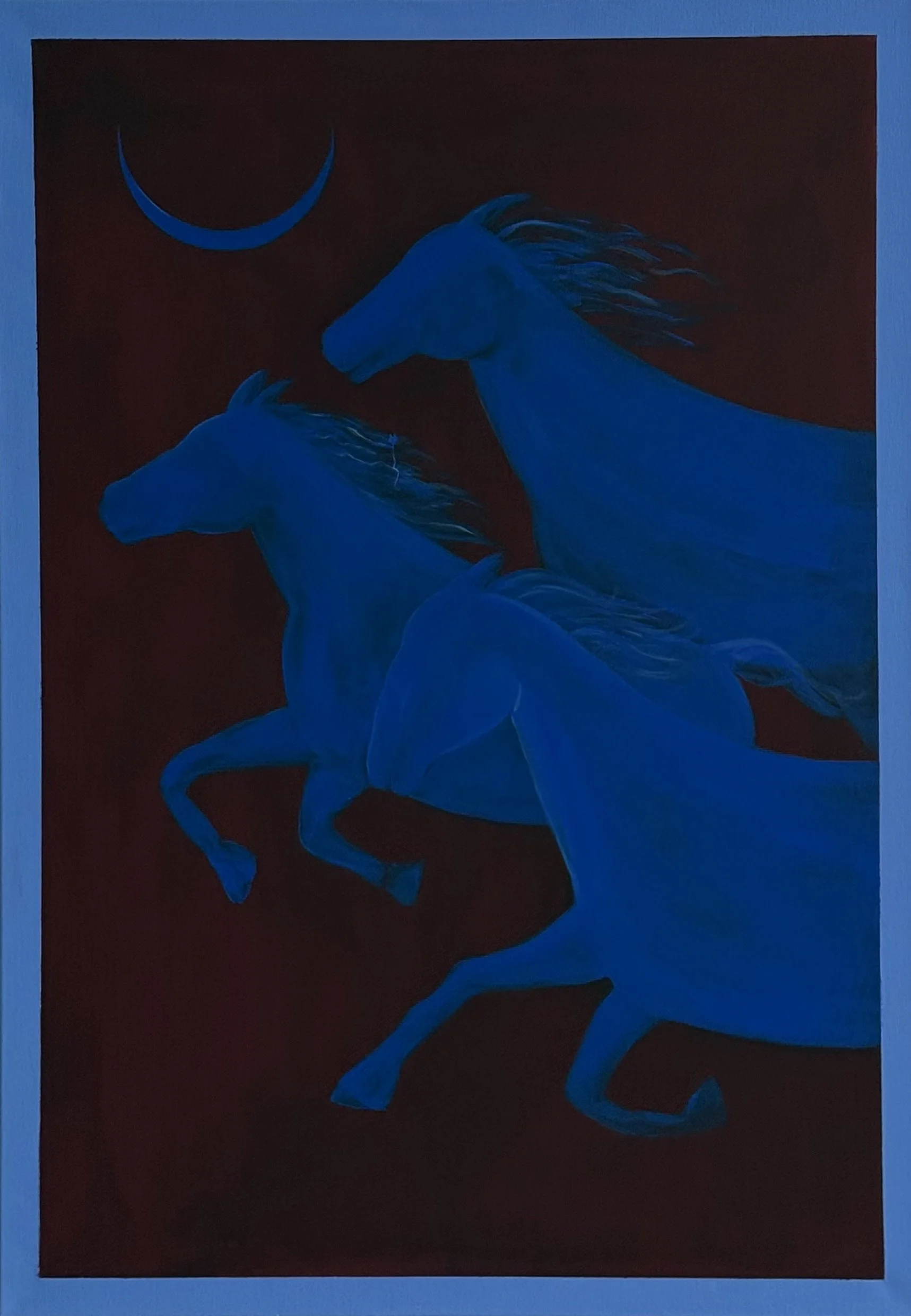 Moon Riders — sold contemporary acrylic painting of two galloping horses in deep blue on dark background, 70x100 cm, 2025, by Jevgenia Vassiljeva, Loovart