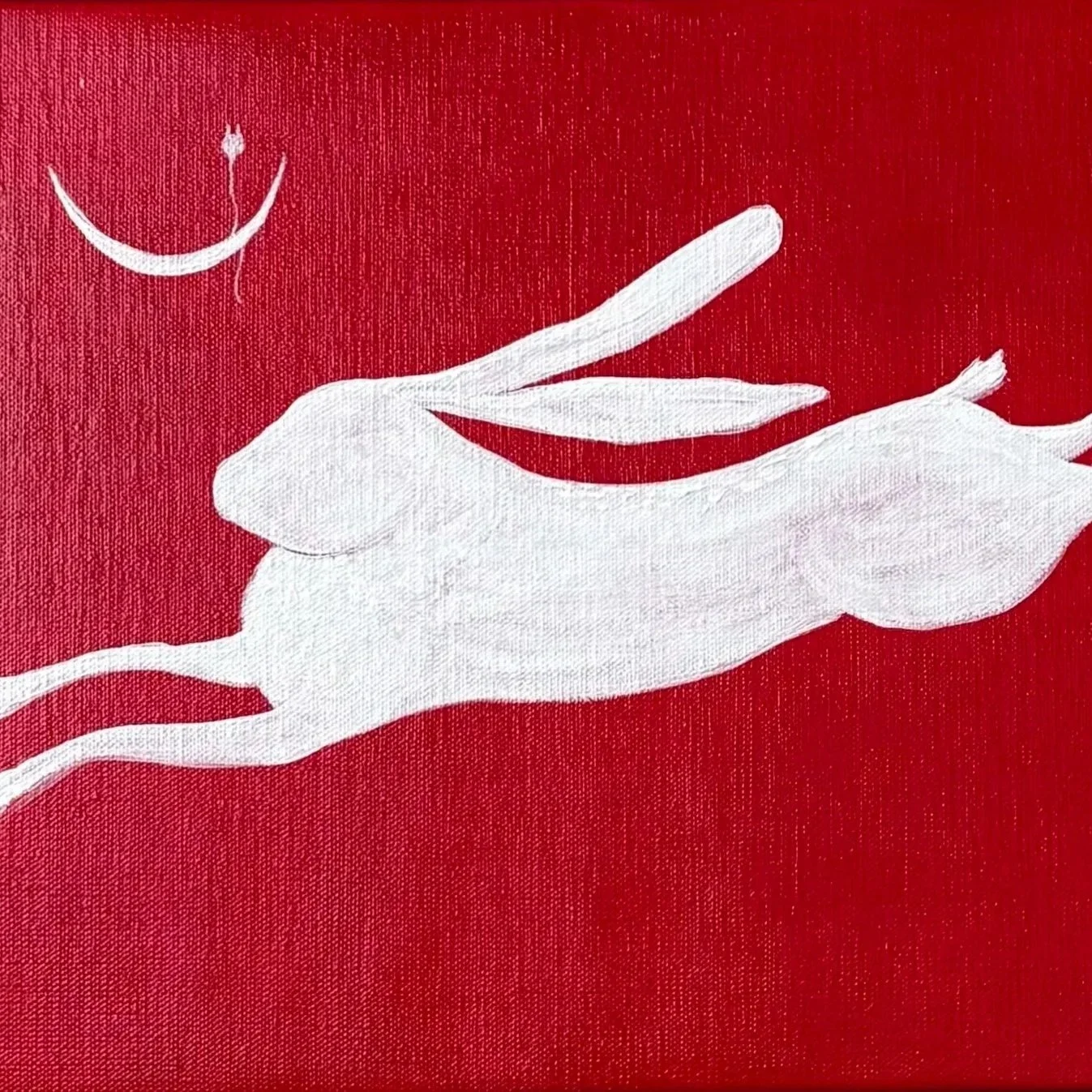 Jump — contemporary acrylic painting of a white leaping hare with crescent moon on deep red background, 30x40 cm, 2025, by Jevgenia Vassiljeva, Loovart