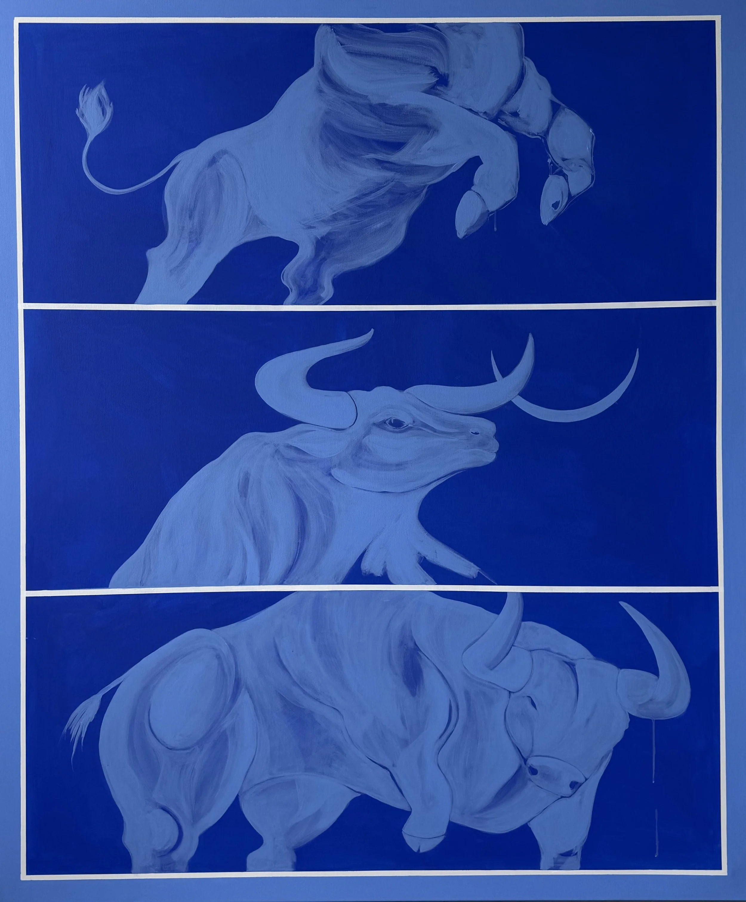 Momentum — sold contemporary acrylic painting of bulls and a leaping horse in blue tones, 180x150 cm, 2025, by Jevgenia Vassiljeva, Loovart