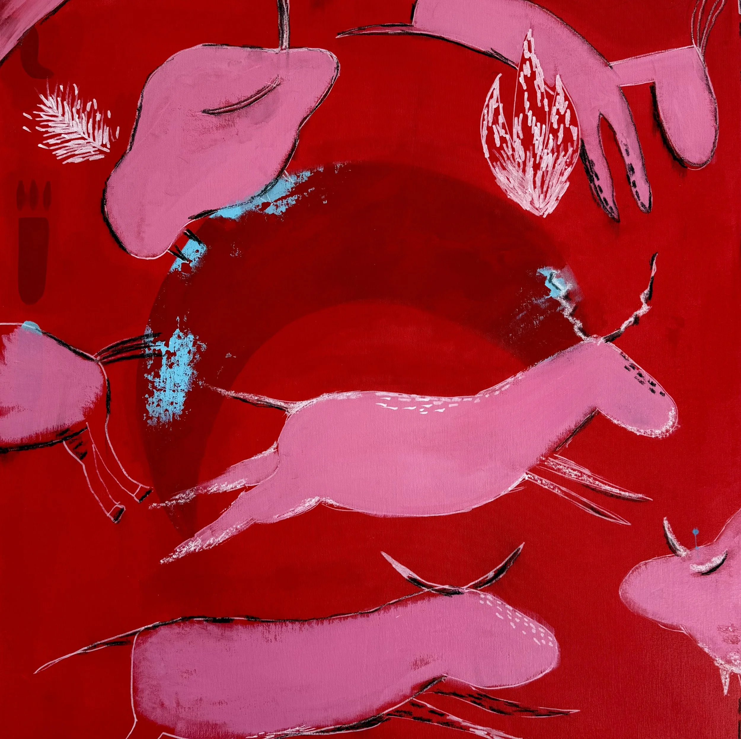 Dare to Jump — sold contemporary acrylic painting of a leaping horse in vibrant red and pink tones by Jevgenia Vassiljeva, Loovart