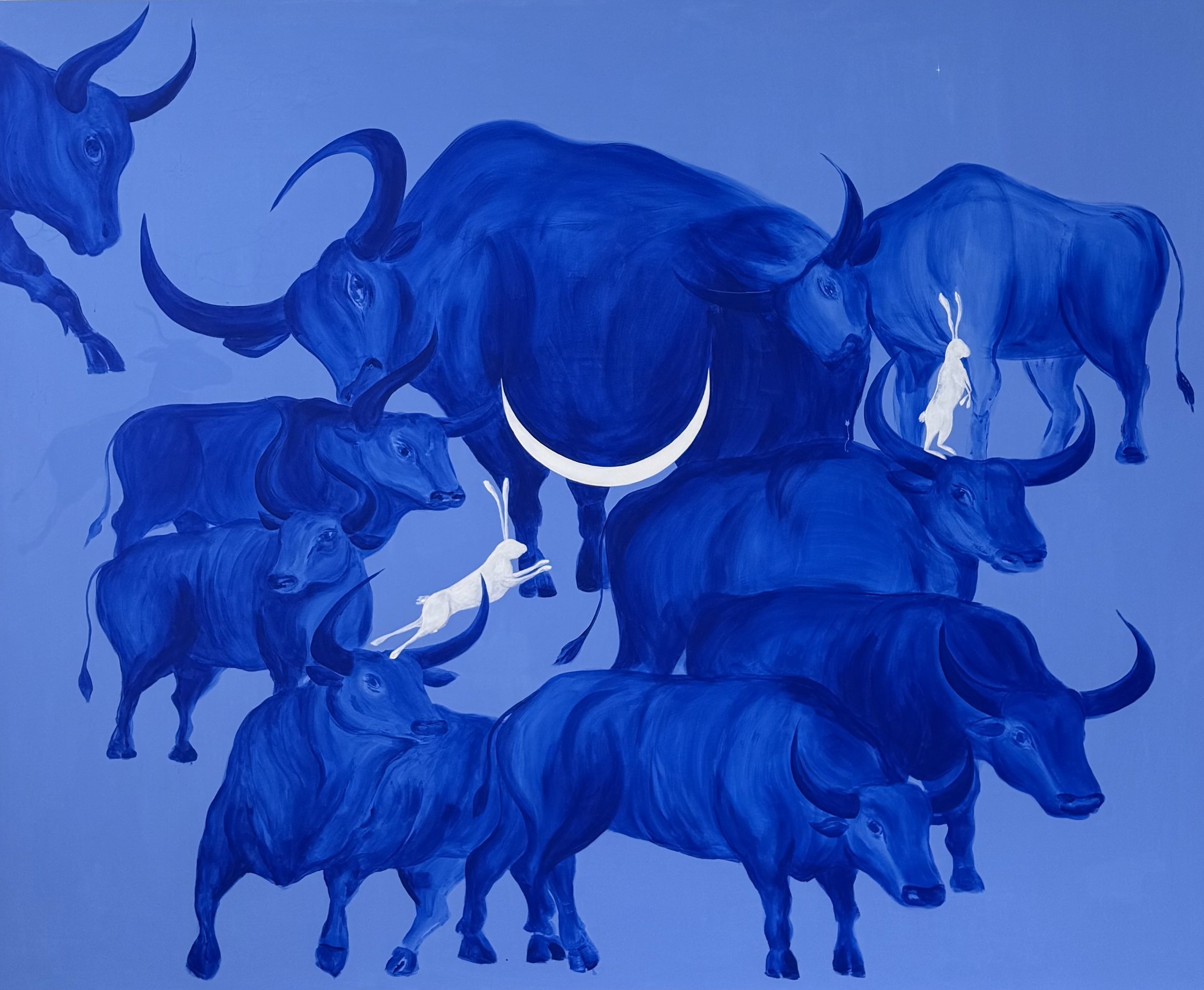 The Memory of the Herd — large contemporary acrylic painting of blue standing bulls in motion, 200×160 cm, 2026, by Jevgenia Vassiljeva, Loovart