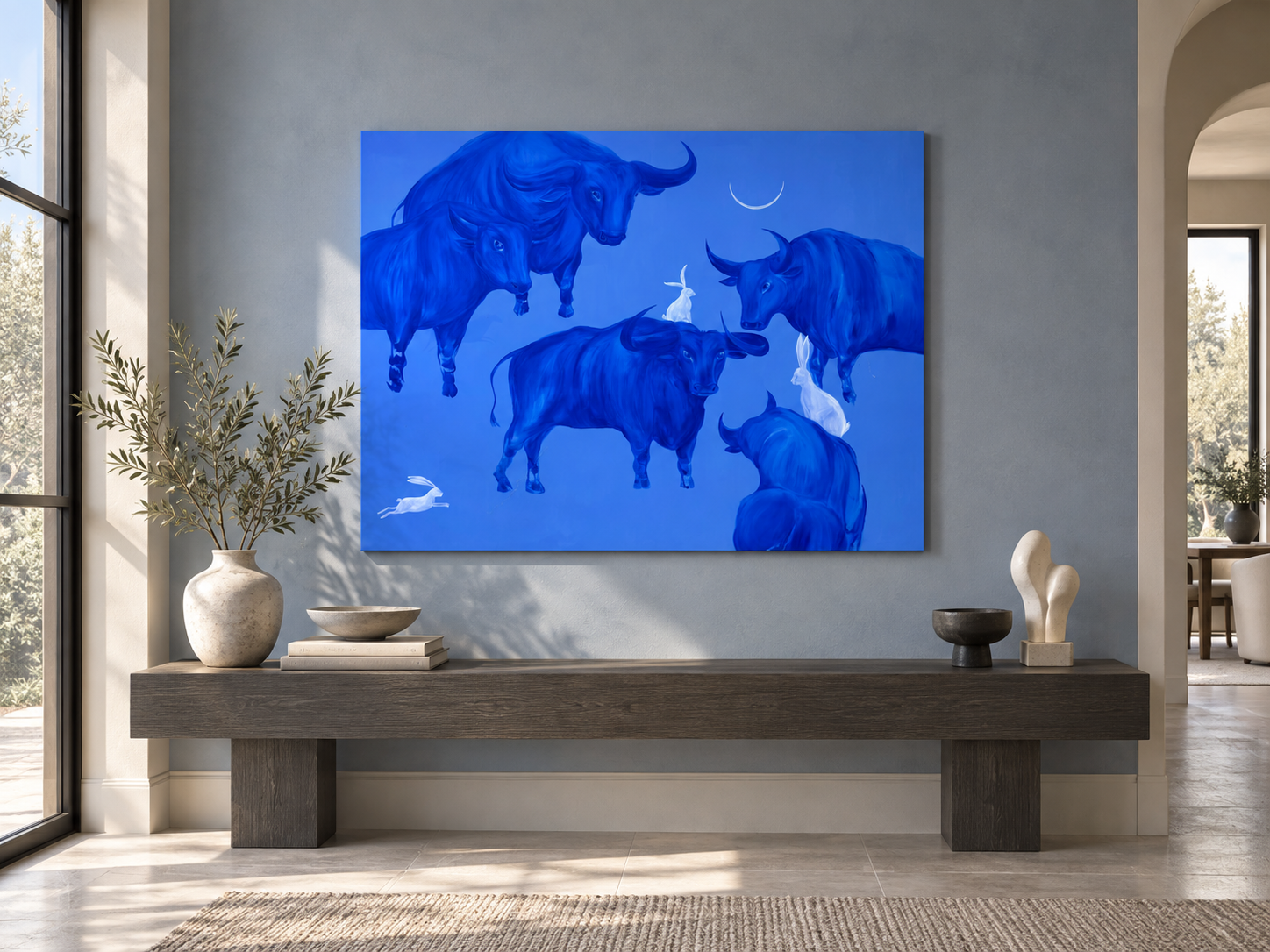 Nothing Was Lost original blue painting by Jevgenia Vassiljeva displayed in a contemporary interior
