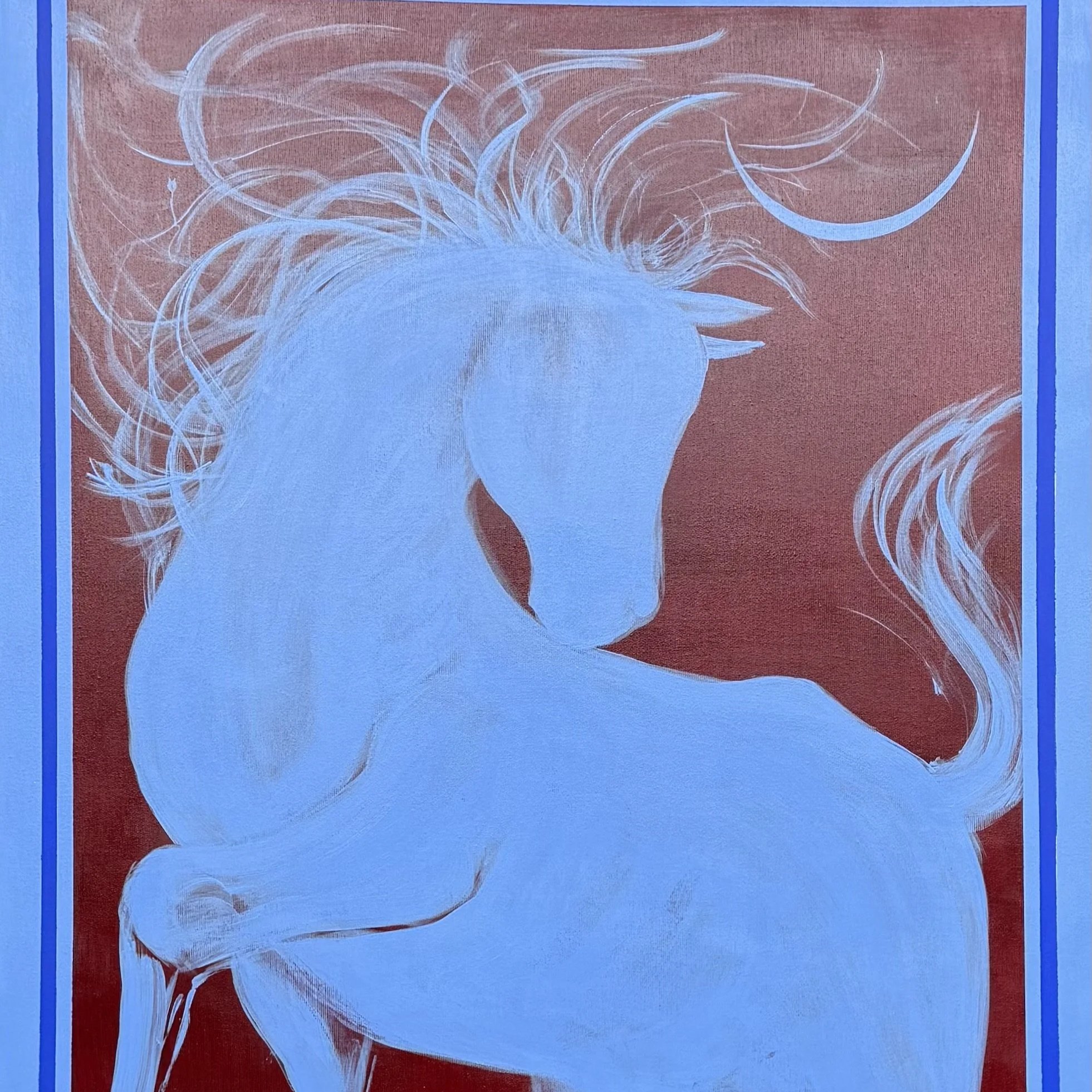 Wild Spirit — contemporary acrylic painting of a rearing white horse on deep maroon background, 120x70 cm, 2025, by Jevgenia Vassiljeva, Loovart