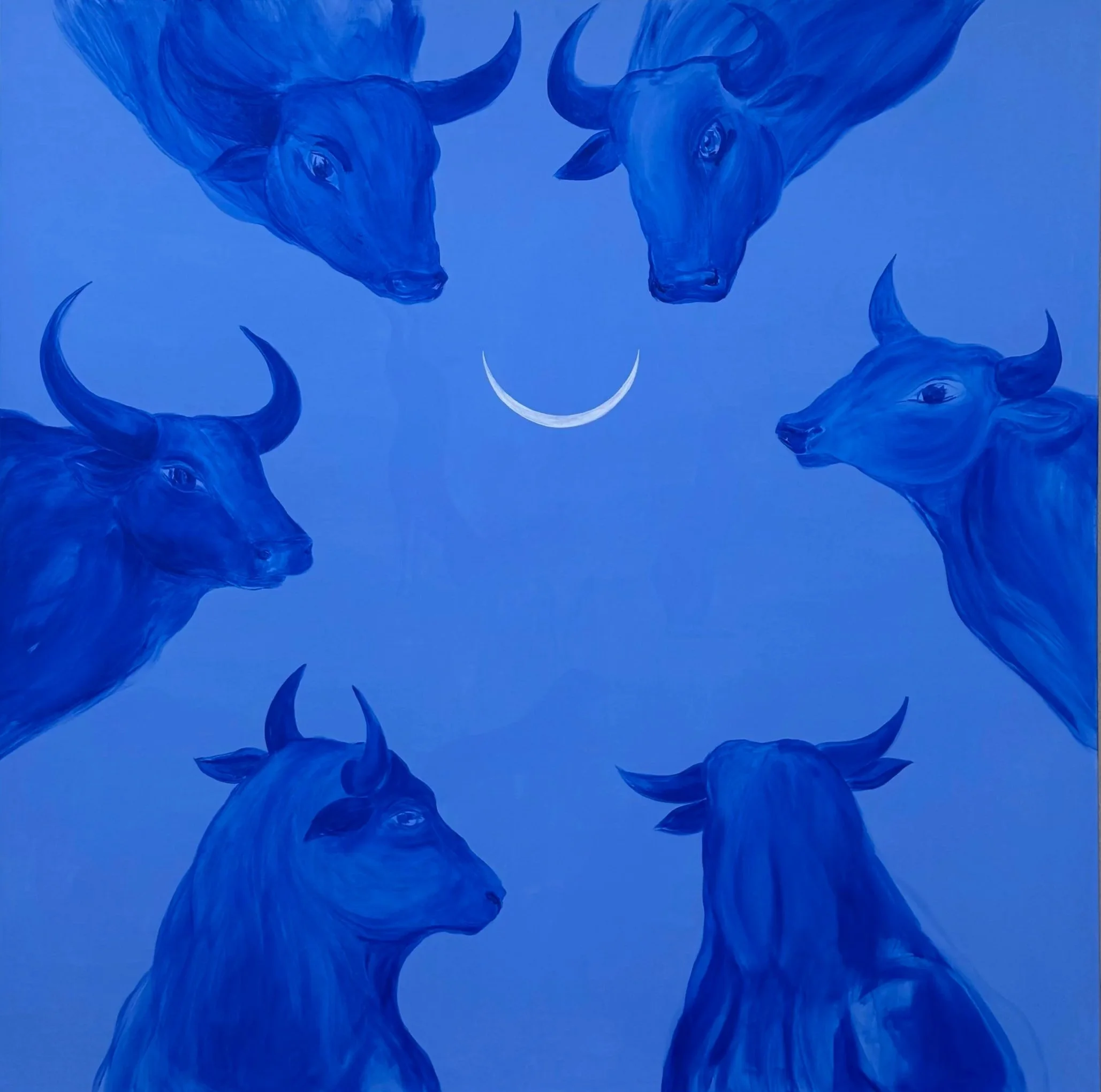 The Circle, a 150 × 150 cm blue acrylic painting by Jevgenia Vassiljeva featuring six bulls arranged around a crescent moon with hidden figures visible from different angles.