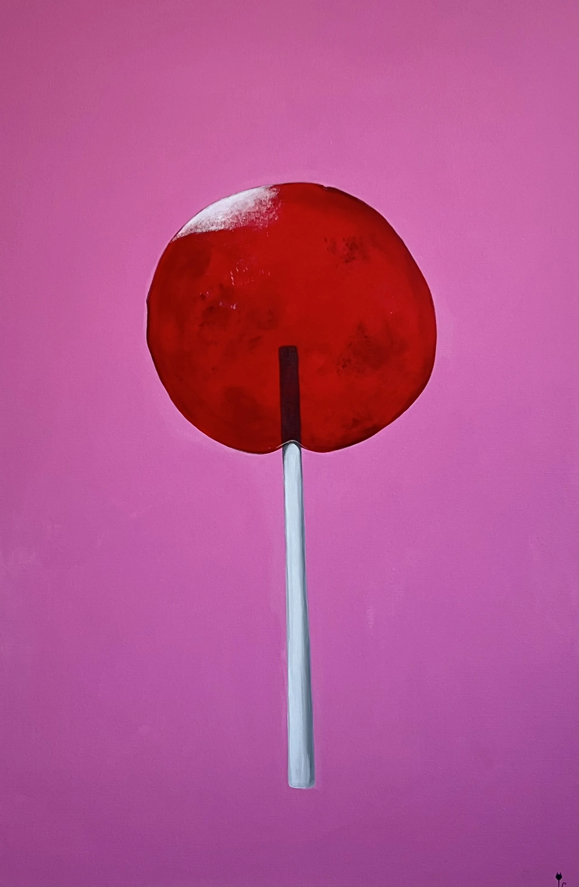 Sugar — sold contemporary acrylic painting of a red lollipop on vibrant pink background, 100x150 cm, 2024, by Jevgenia Vassiljeva, Loovart