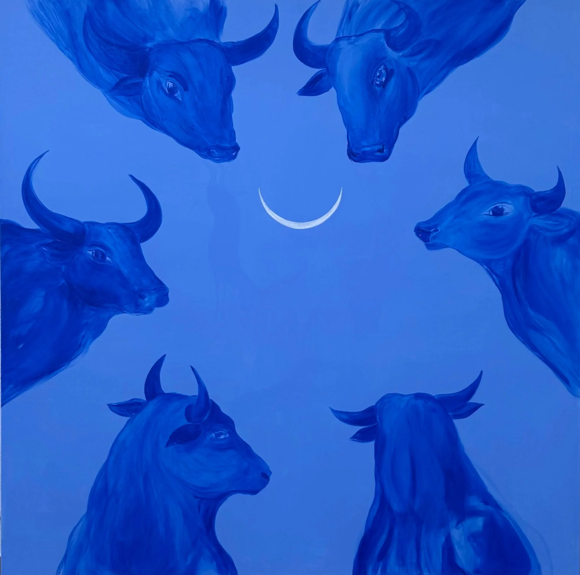 The Circle, a 150 × 150 cm blue acrylic painting by Jevgenia Vassiljeva featuring six bulls arranged around a crescent moon with hidden figures visible from different angles.