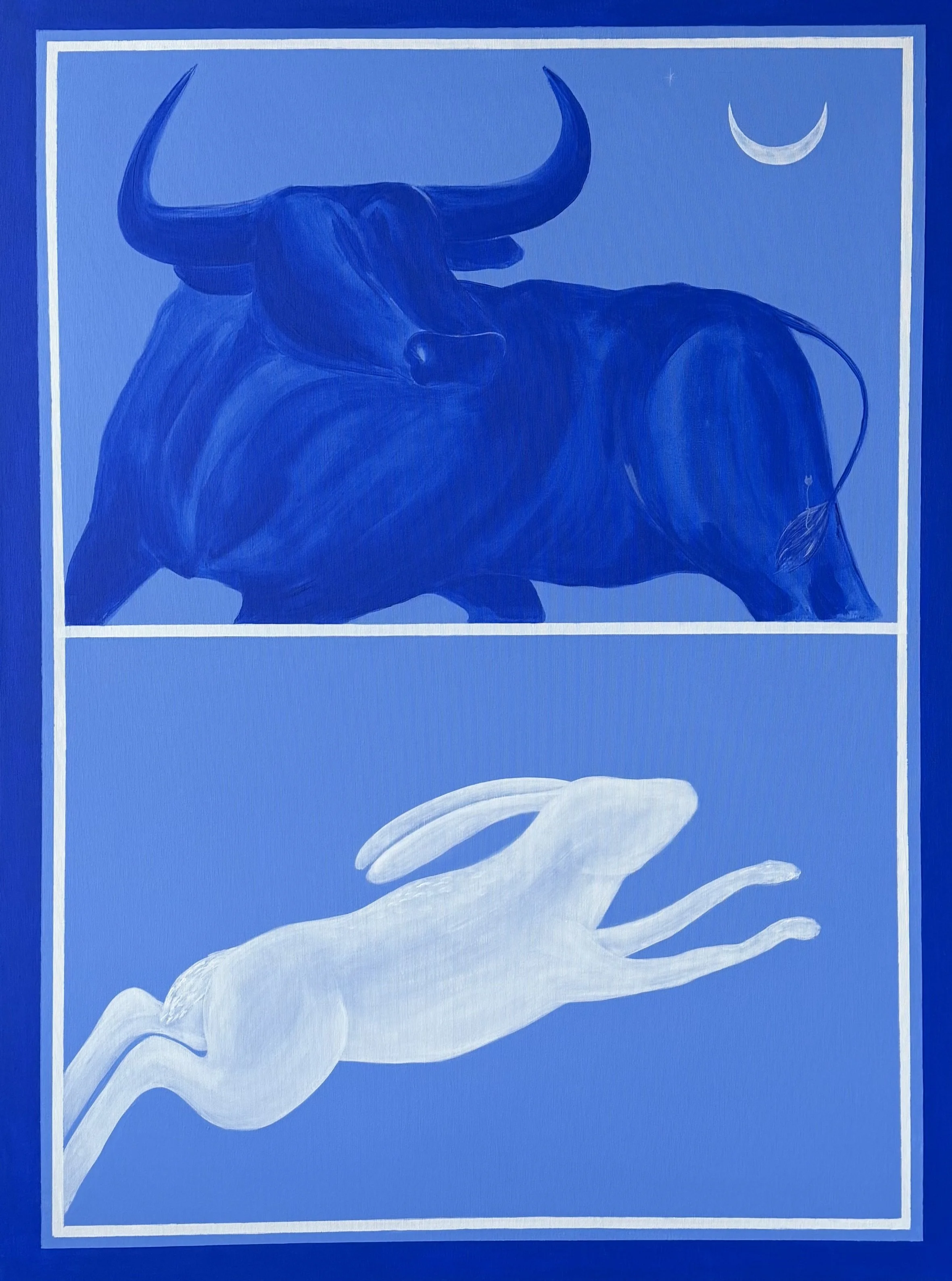 Unknown Strength — vertical contemporary acrylic painting with bull and harel symbolism, 120×90 cm, 2025, by Jevgenia Vassiljeva, Loovart