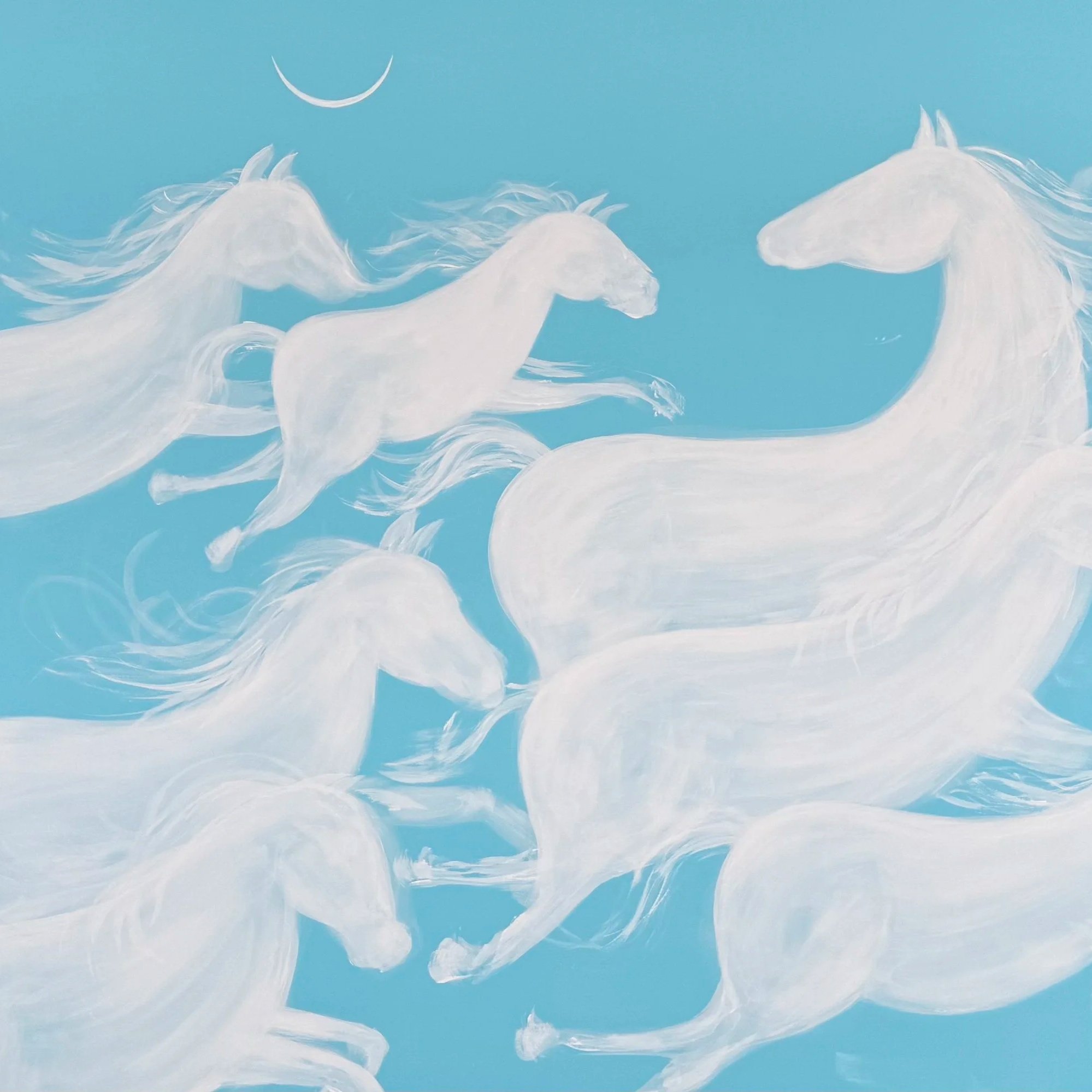 Dream — large contemporary acrylic painting of white galloping horses on turquoise background, 180x160 cm, 2025, by Jevgenia Vassiljeva, Loovart