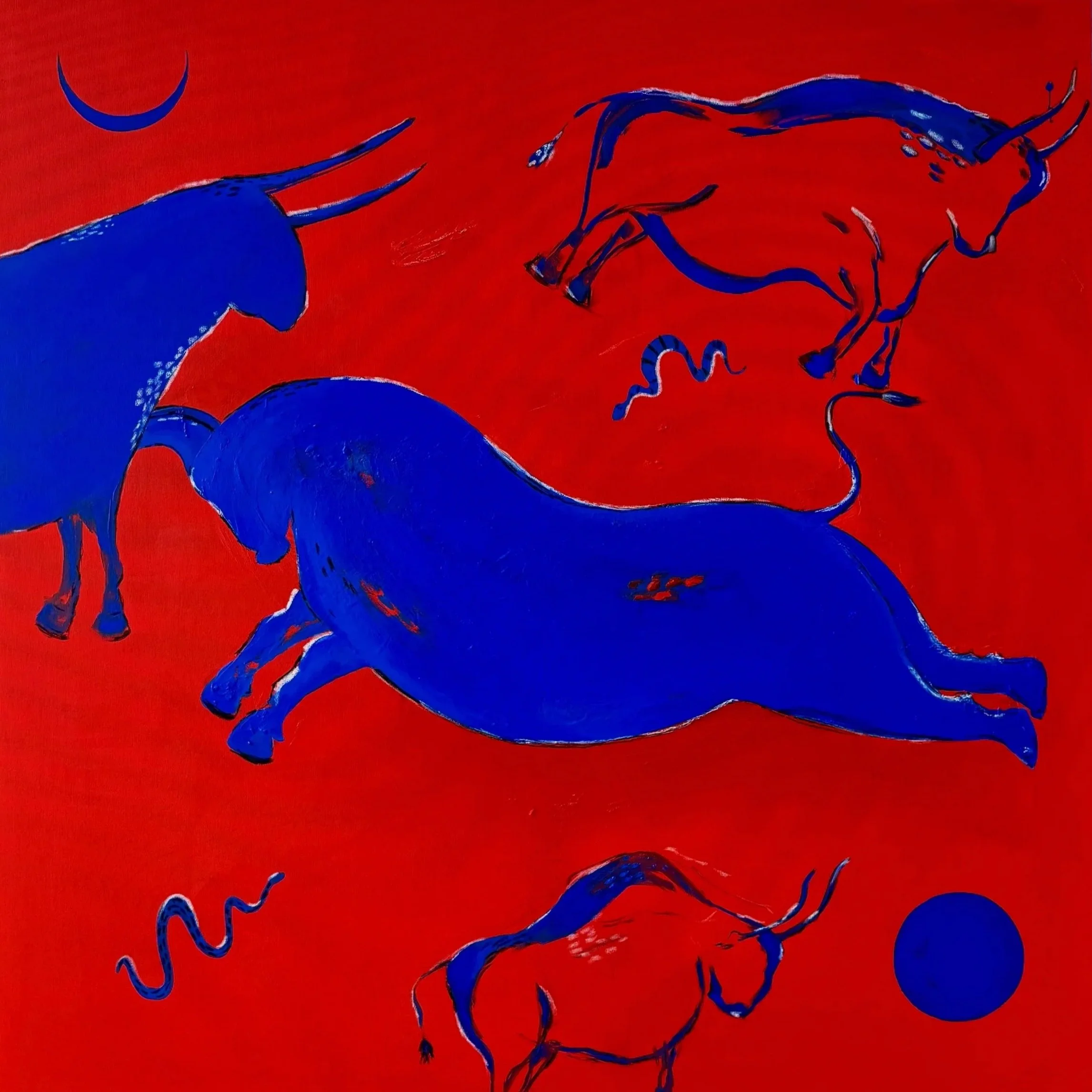 When Strength Loses Unity — large contemporary acrylic painting of blue bulls on vivid red background, 150x150 cm, 2025, by Jevgenia Vassiljeva, Loovart
