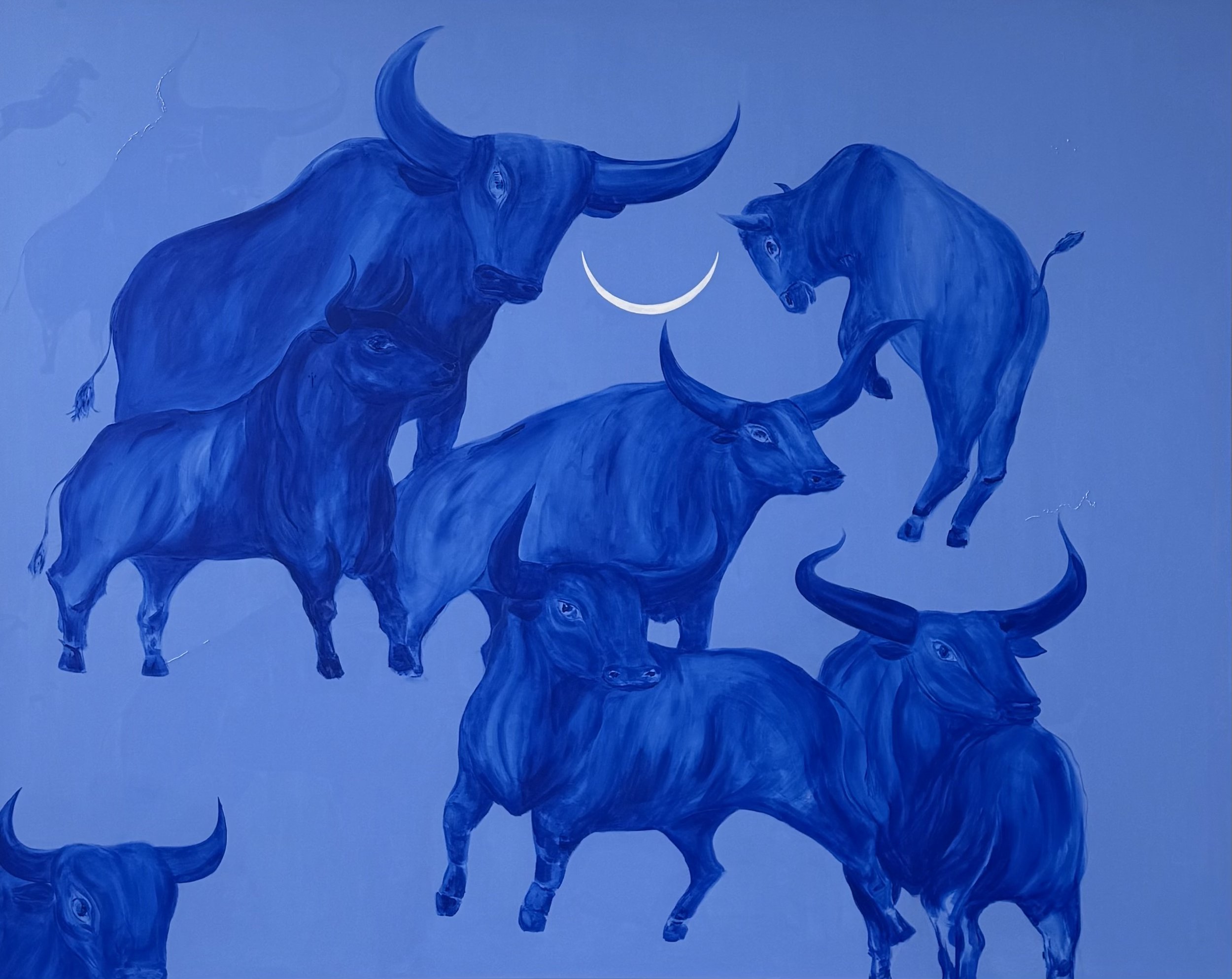 Still, We Return by Jevgenia Vassiljeva, 2026 — a large 200 × 160 cm blue acrylic painting featuring an overlapping herd of bulls, hidden animal figures, embroidered details and a white crescent moon.