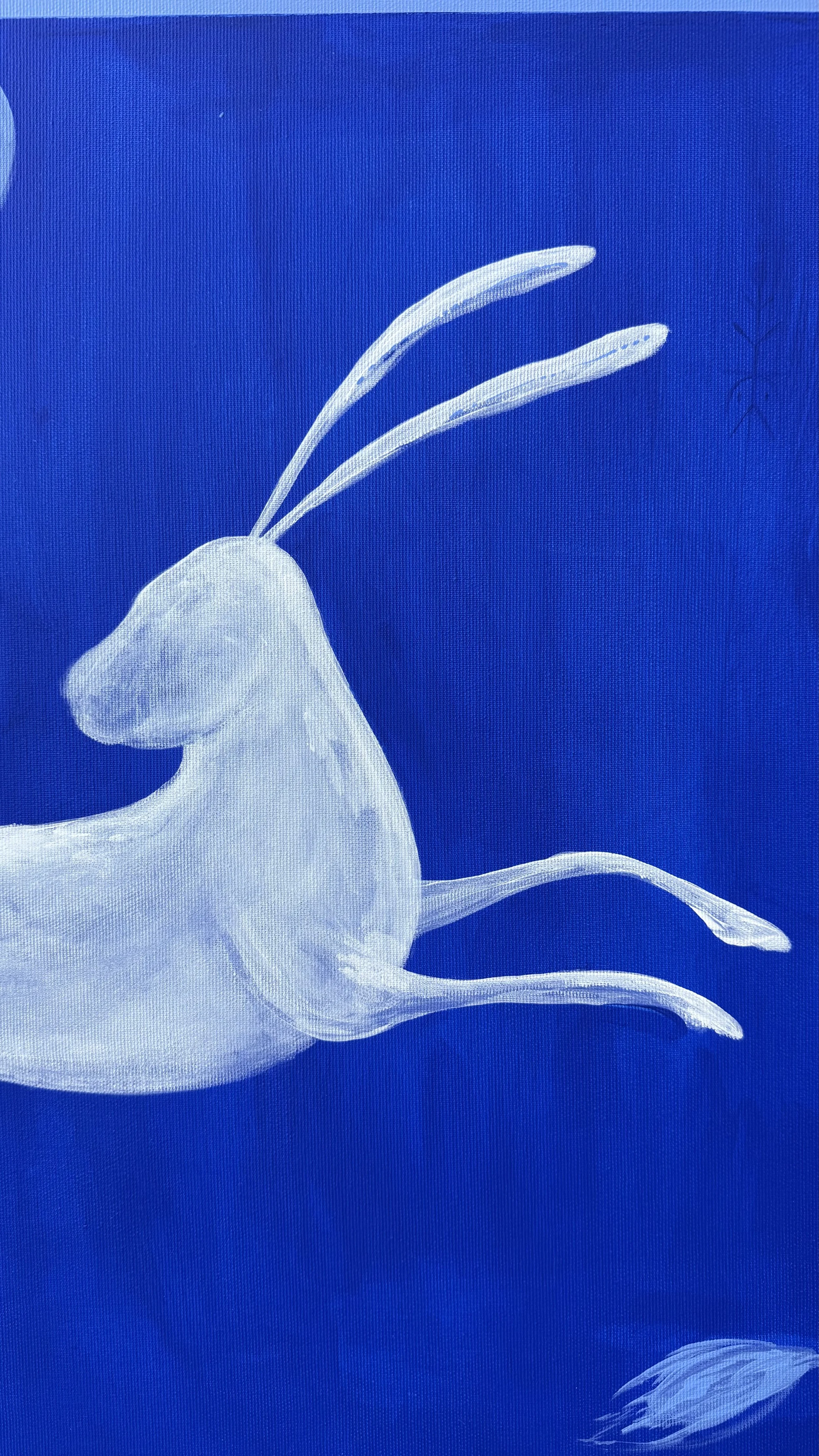 Detail of Keeper of Memory — large blue bull, white hare and crescent moon, acrylic on canvas by Jevgenia Vassiljeva, 180×150 cm