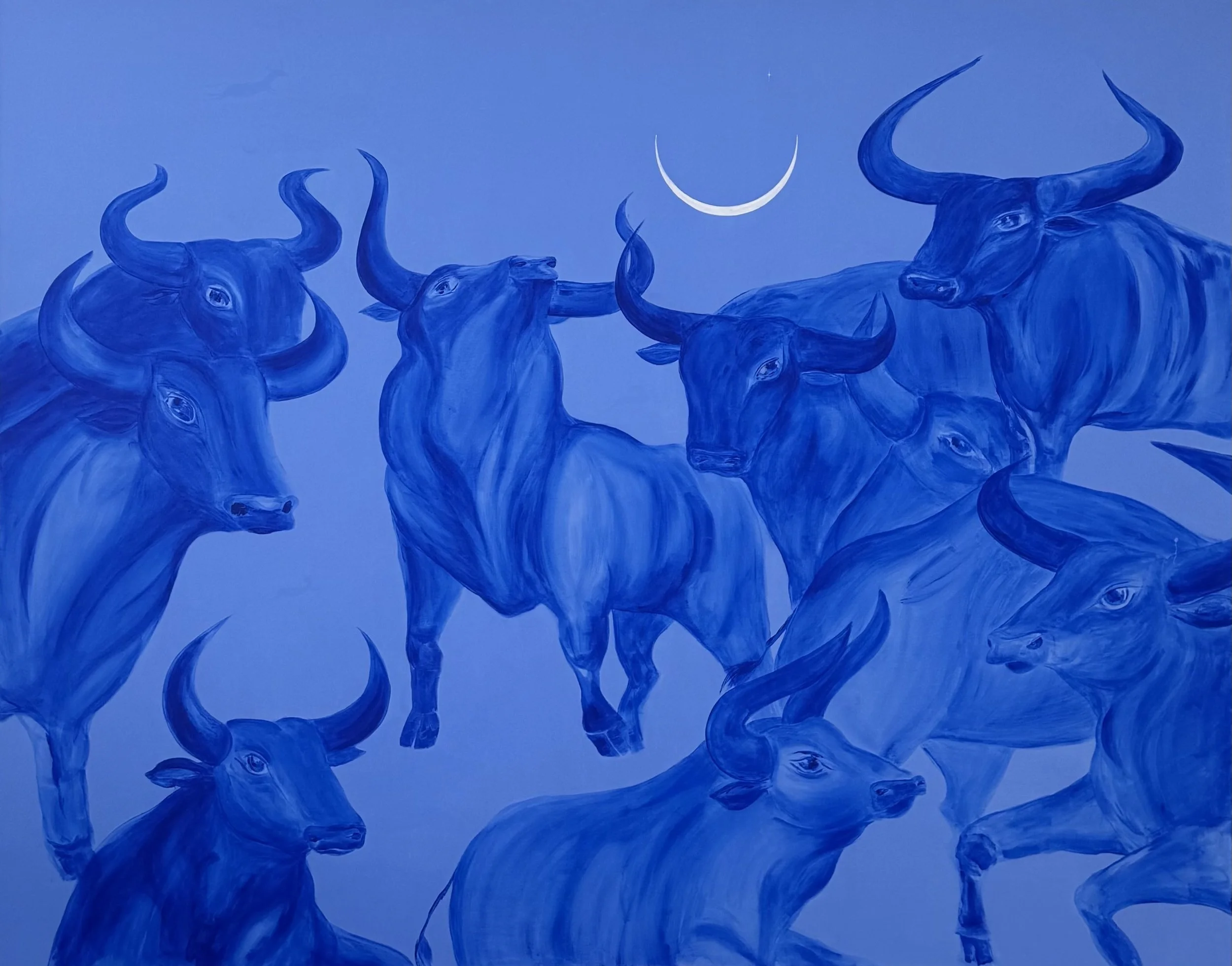 Large contemporary blue painting We Were Here Before by Jevgenia Vassiljeva, depicting a layered herd of cobalt blue bulls beneath a white crescent moon on a light blue background.