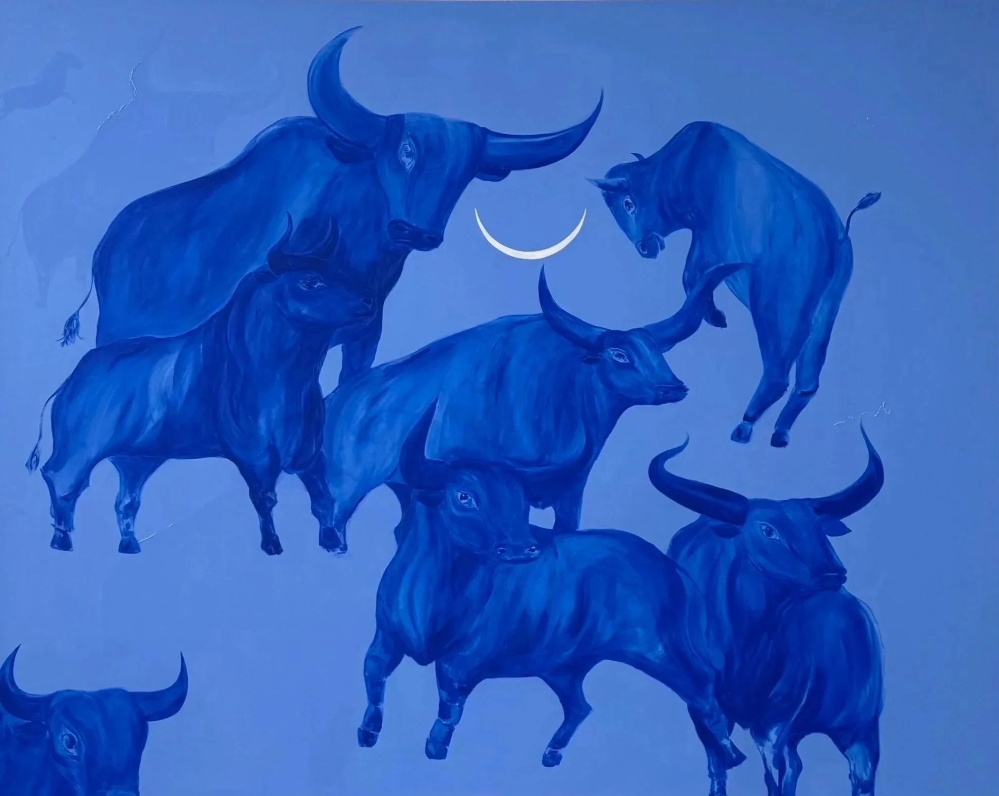 Still, We Return by Jevgenia Vassiljeva, 2026 — a large 200 × 160 cm blue acrylic painting featuring an overlapping herd of bulls, hidden animal figures, embroidered details and a white crescent moon.
