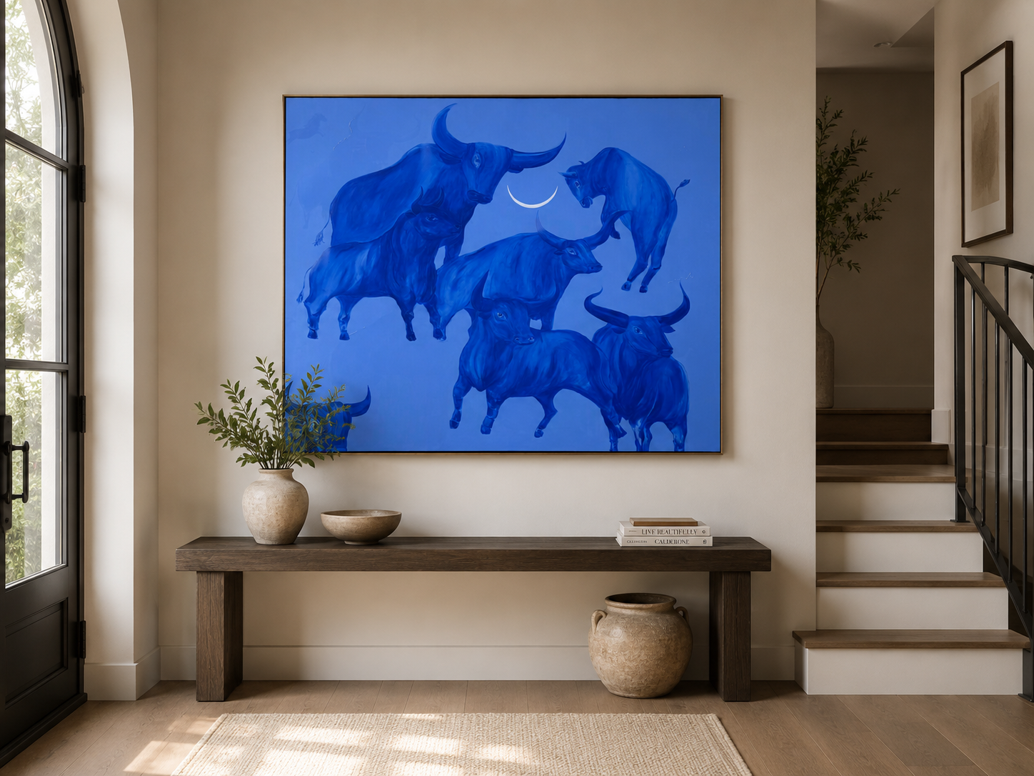 Still, We Return by Jevgenia Vassiljeva, 2026 — a large 200 × 160 cm blue acrylic painting featuring an overlapping herd of bulls, hidden animal figures, embroidered details and a white crescent moon.