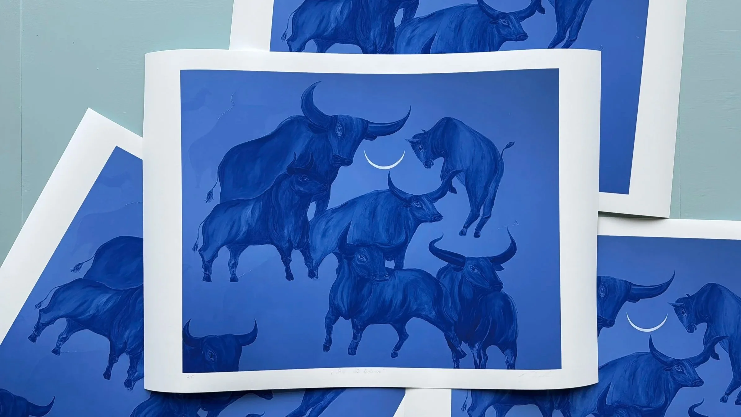 Still, We Return limited edition fine art print by Jevgenia Vassiljeva, 50 × 70 cm, featuring cobalt blue bulls and a moon