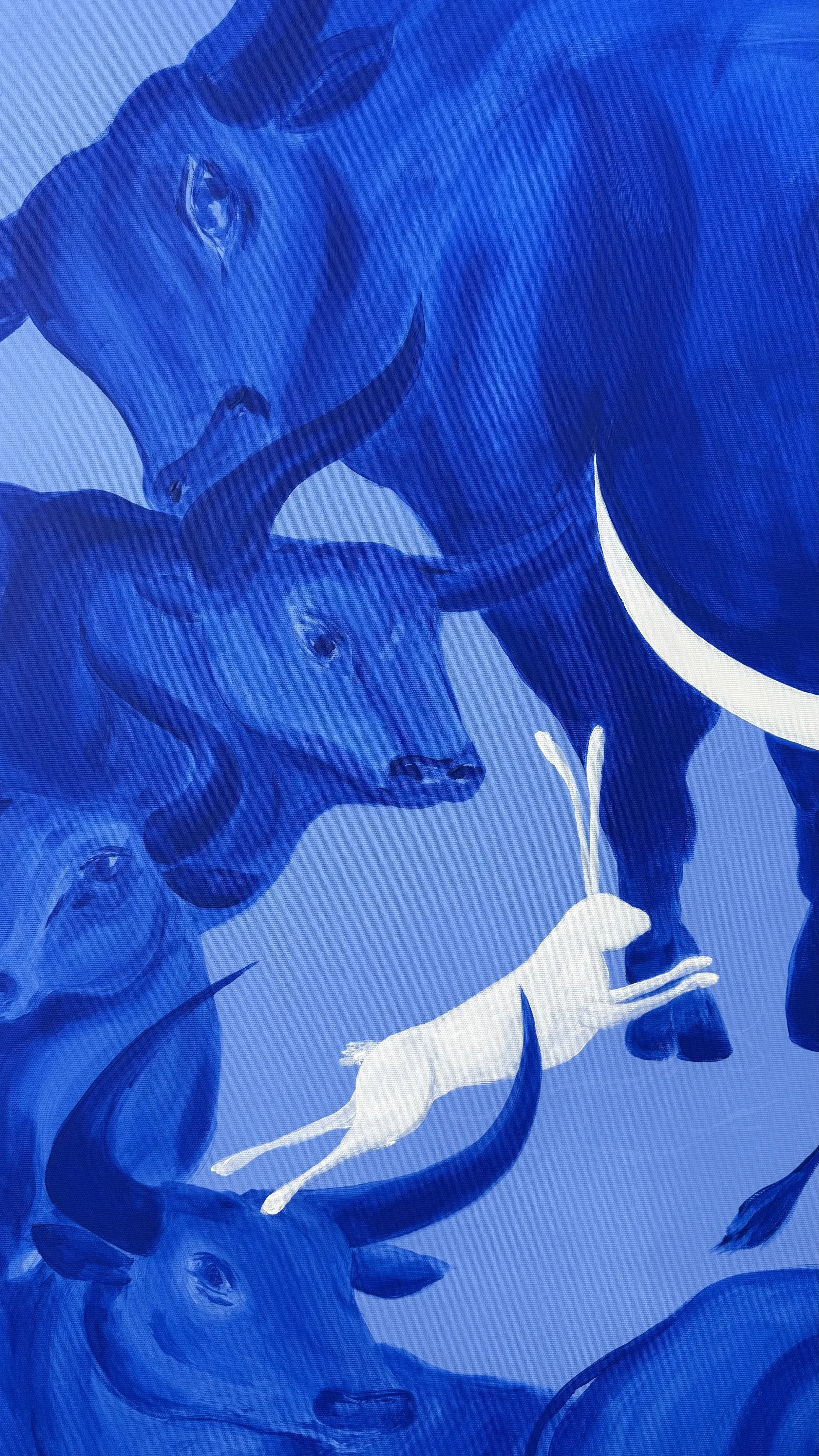 Detail of The Memory of the Herd painting — blue bull head and white hare with crescent moon, acrylic on canvas by Jevgenia Vassiljeva
