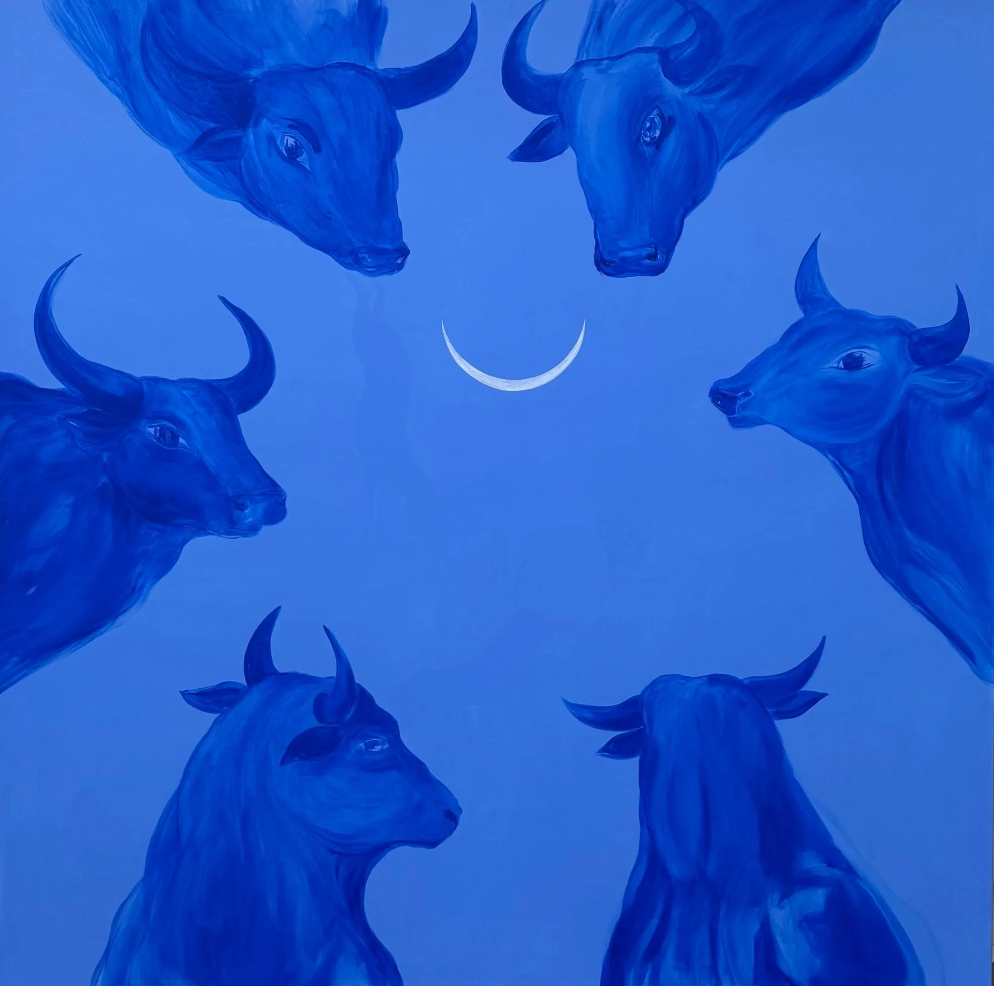 The Circle, a 150 × 150 cm blue acrylic painting by Jevgenia Vassiljeva featuring six bulls arranged around a crescent moon with hidden figures visible from different angles.
