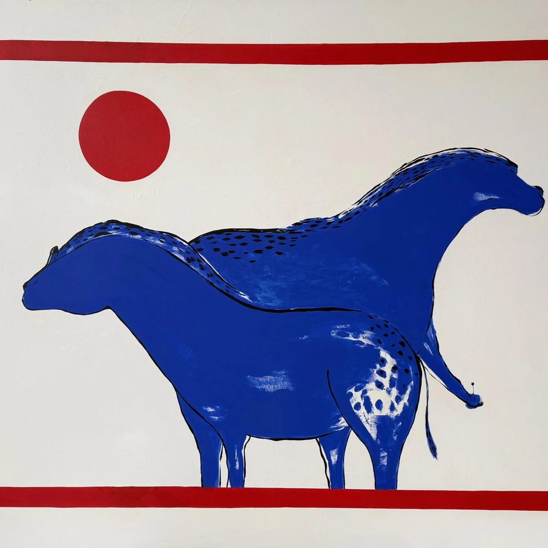 Under One Sun — large contemporary acrylic painting of a blue horse beneath a red sun, 190x150 cm, 2025, by Jevgenia Vassiljeva, Loovart