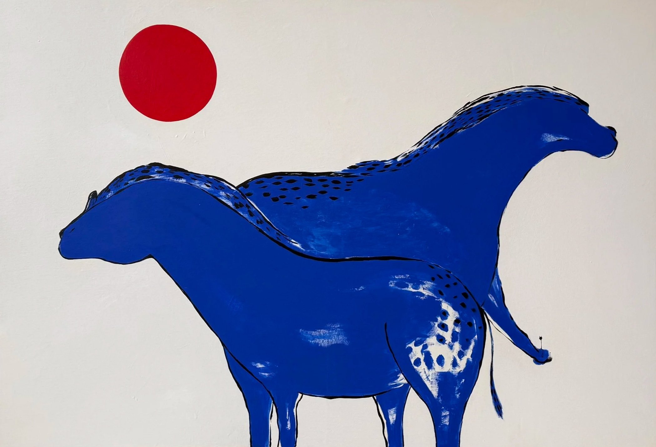 Under One Sun — large contemporary acrylic painting of a blue horse beneath a red sun, 190x150 cm, 2025, by Jevgenia Vassiljeva, Loovart