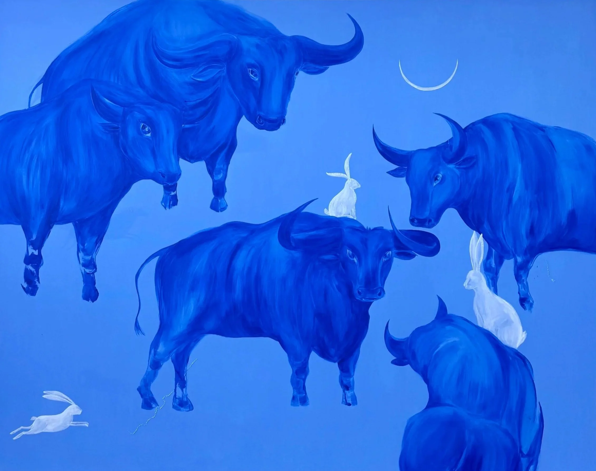 Nothing Was Lost, original blue acrylic painting with bulls, white hares and crescent moon by Jevgenia Vassiljeva