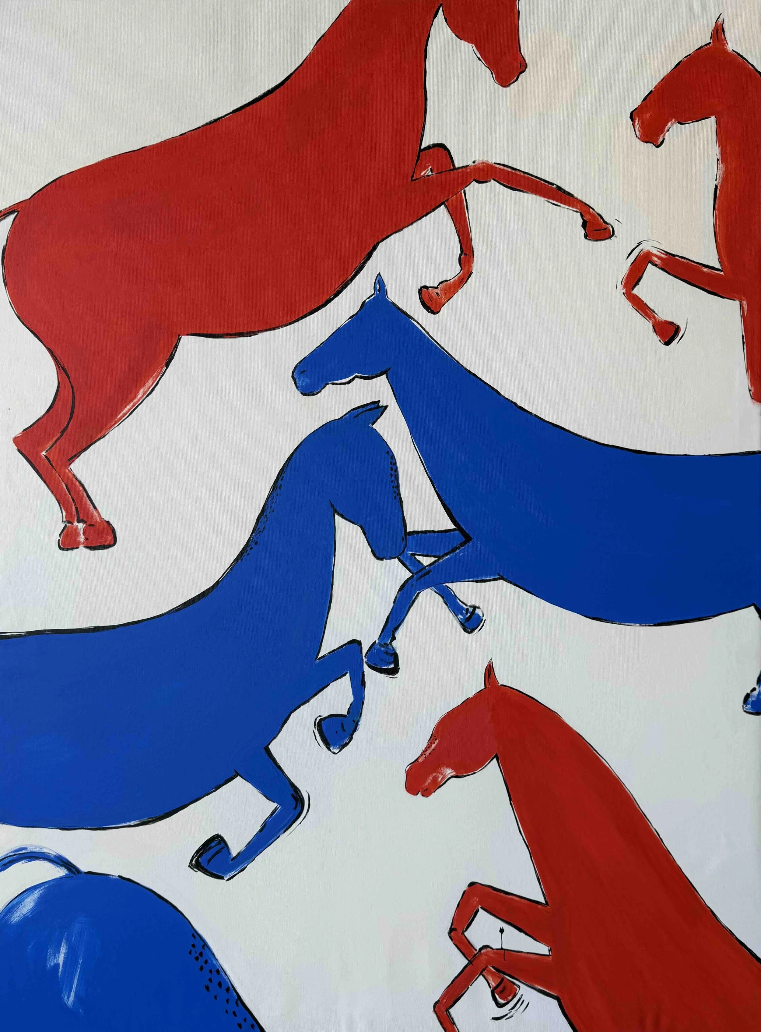 Dance of the Forces — large contemporary acrylic painting of red and blue horses in dynamic movement, 160x120 cm, 2025, by Jevgenia Vassiljeva, Loovart