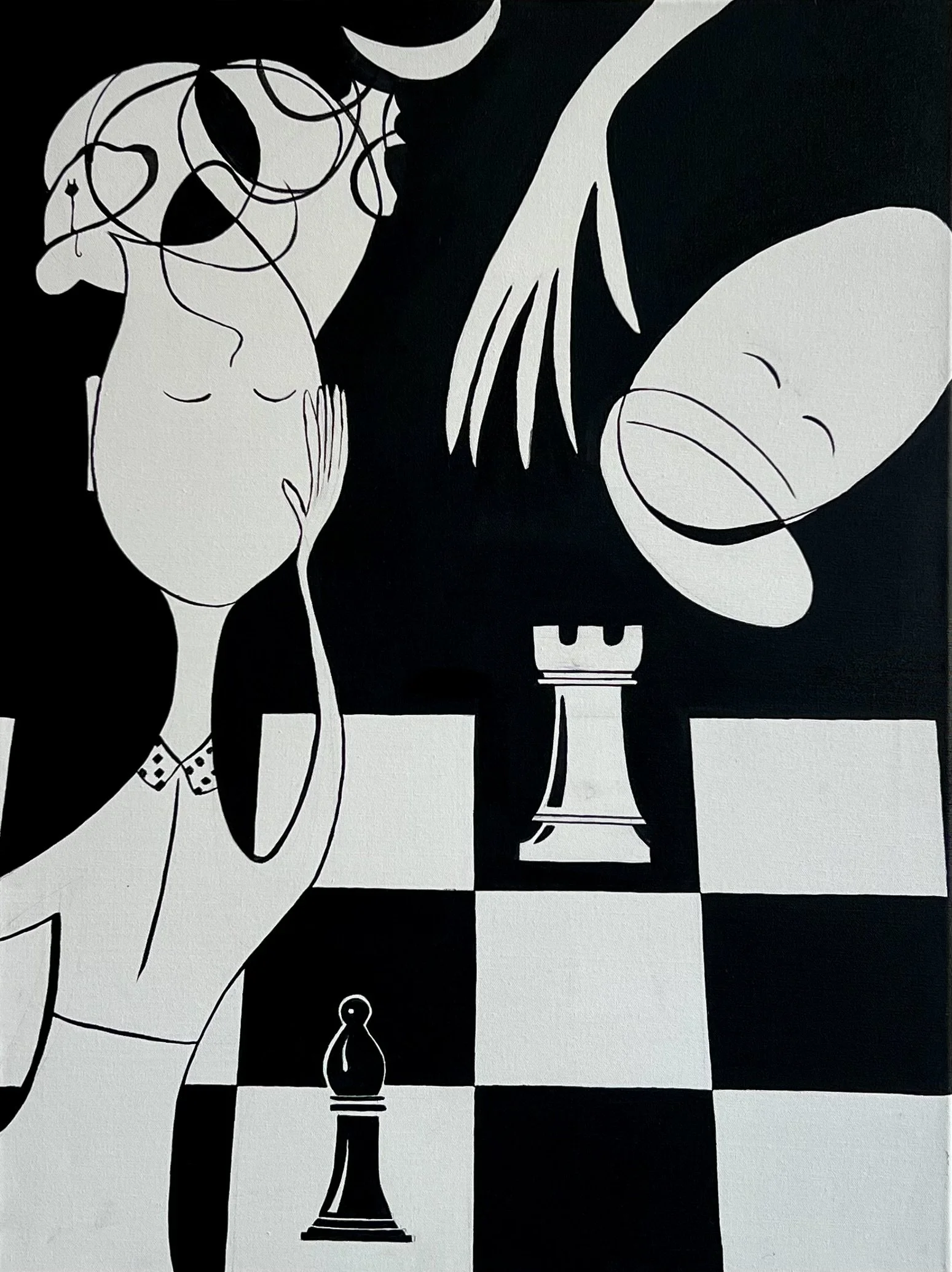 The Final Move — sold contemporary acrylic painting with chess symbolism in black and white, 60x80 cm, 2024, by Jevgenia Vassiljeva, Loovart