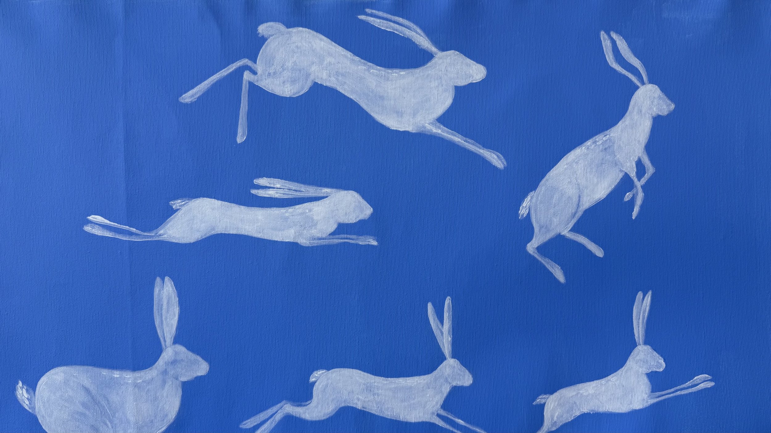 Point of Stillness — horizontal contemporary acrylic painting with animal symbolism, 125×35 cm, 2026, by Jevgenia Vassiljeva, Loovart