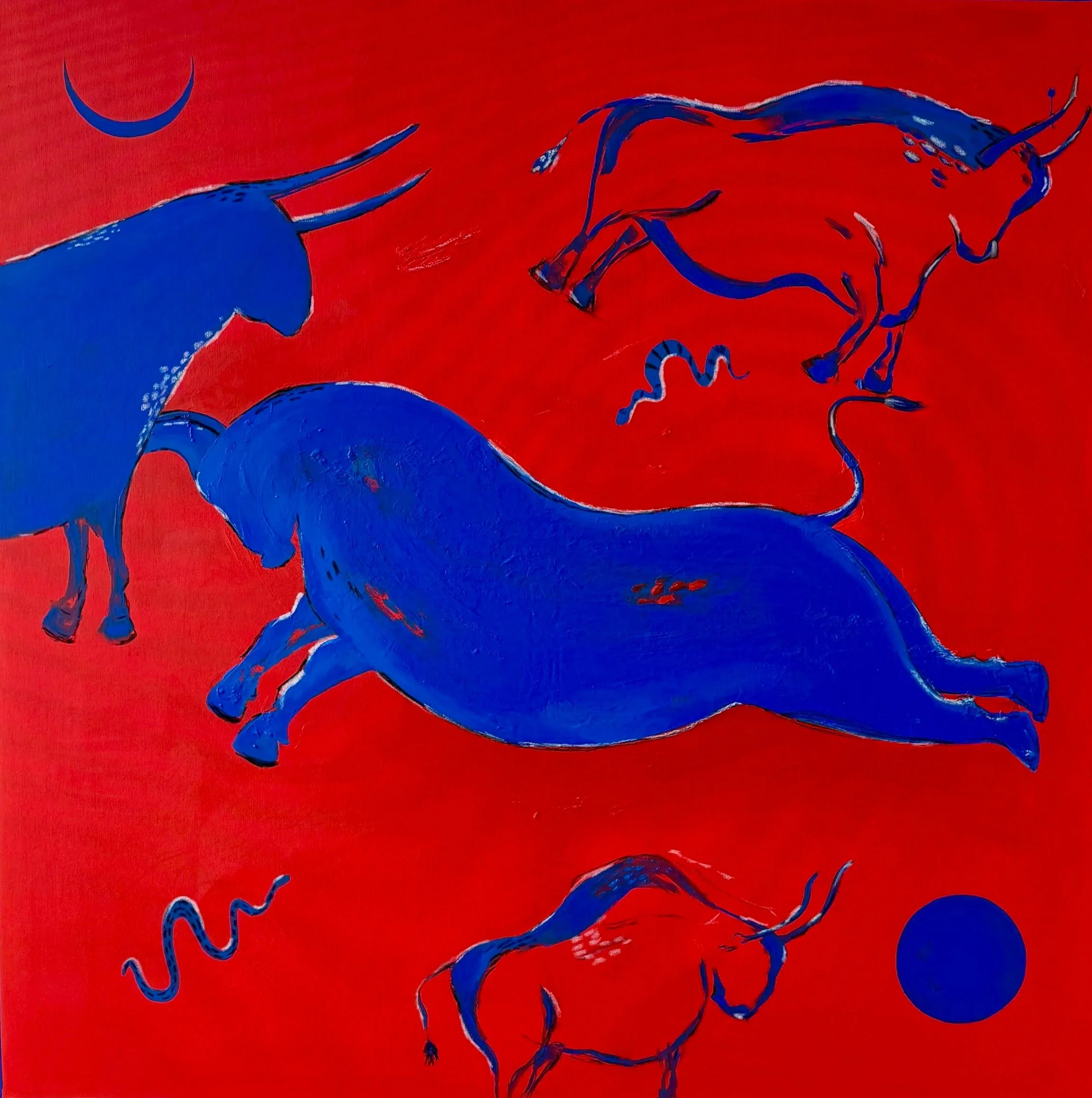 When Strength Loses Unity — large contemporary acrylic painting of blue bulls on vivid red background, 150x150 cm, 2025, by Jevgenia Vassiljeva, Loovart