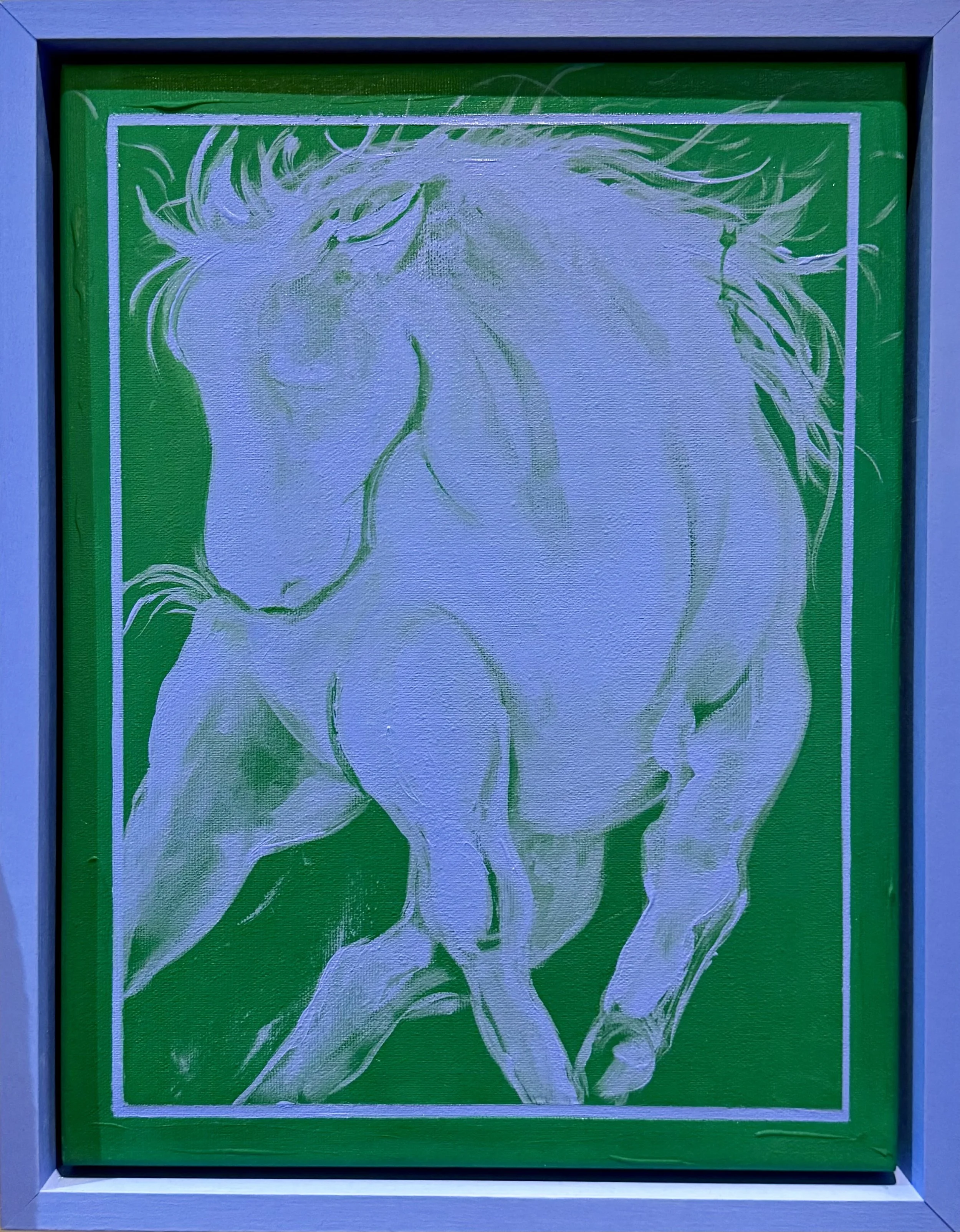 A minimalist line drawing of a horse, primarily in white, on a vibrant green background enclosed in a white-bordered frame.