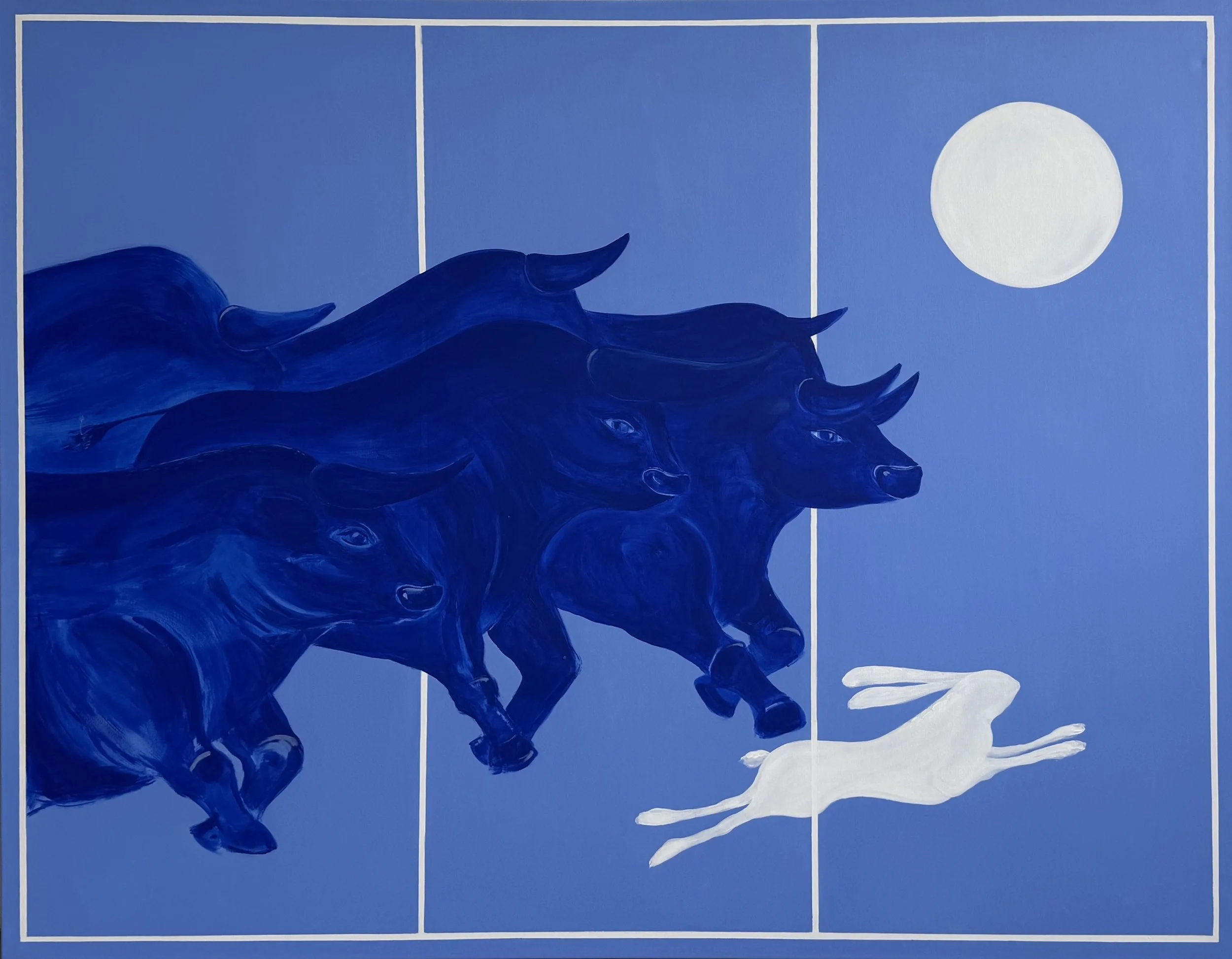 The Weight of an Impulse — large contemporary acrylic painting of charging bulls in blue tones by Jevgenia Vassiljeva, Loovart