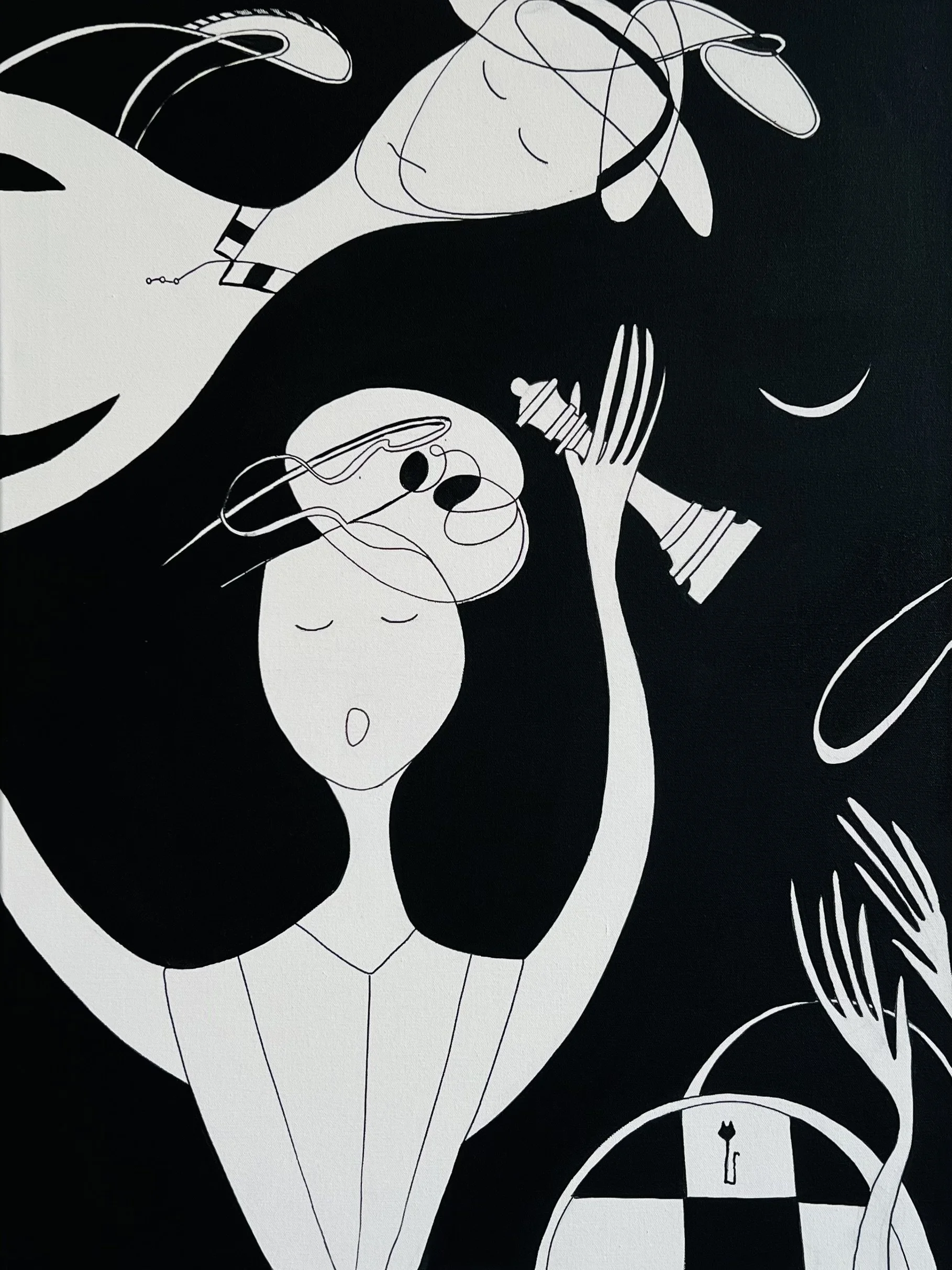 Point of No Return — sold contemporary acrylic painting with chess symbolism in black and white, 60x80 cm, 2024, by Jevgenia Vassiljeva, Loovart