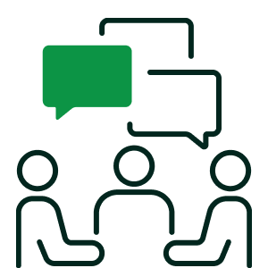 Three people sitting and talking with speech bubbles above their heads.