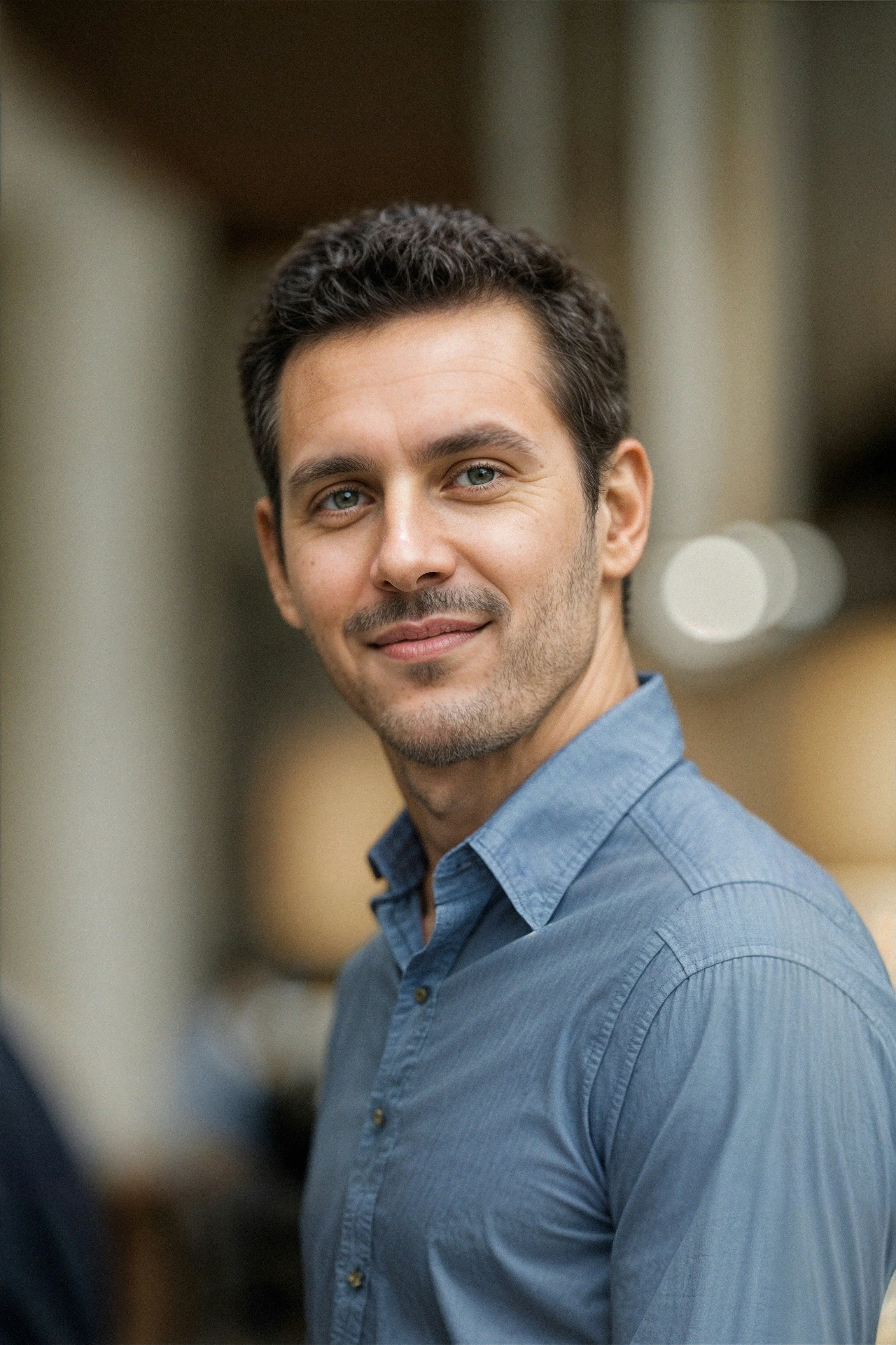 Headshot of a smiling man with dark, curly hair and blue eyes, wearing a light blue button-up shirt, in an indoor setting with blurred background.