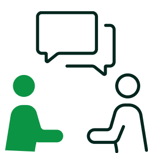 Illustration of two people having a conversation during a job interview or discussion, one sitting and the other standing, with speech bubbles above them.