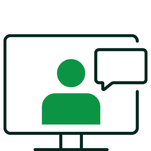 Icon of a person on a computer screen with a speech bubble, representing online communication or virtual conversation.