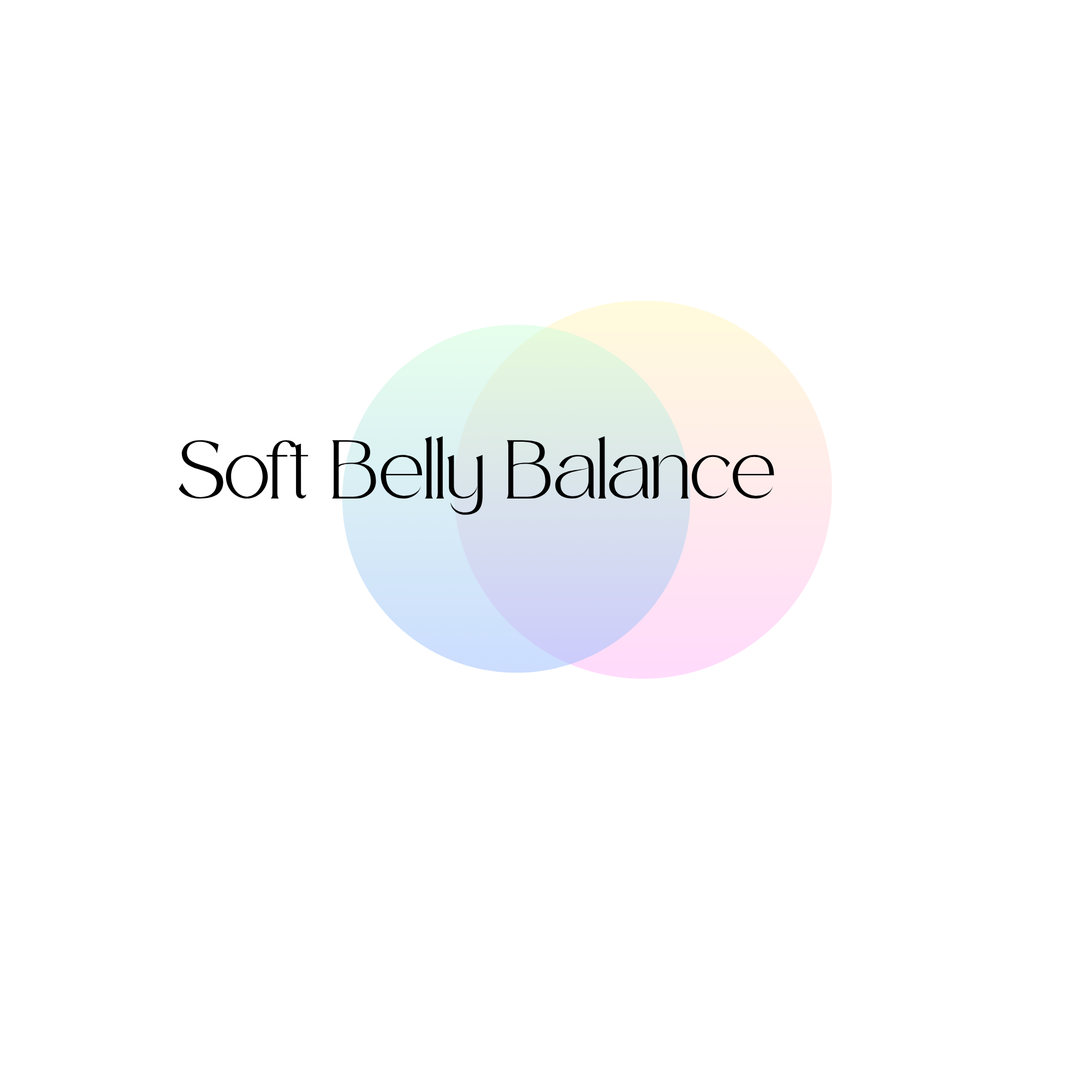 Soft Belly Balance title with the background of a left leaning blue to green ombre sphere, overlapping a pink to yellow sphere